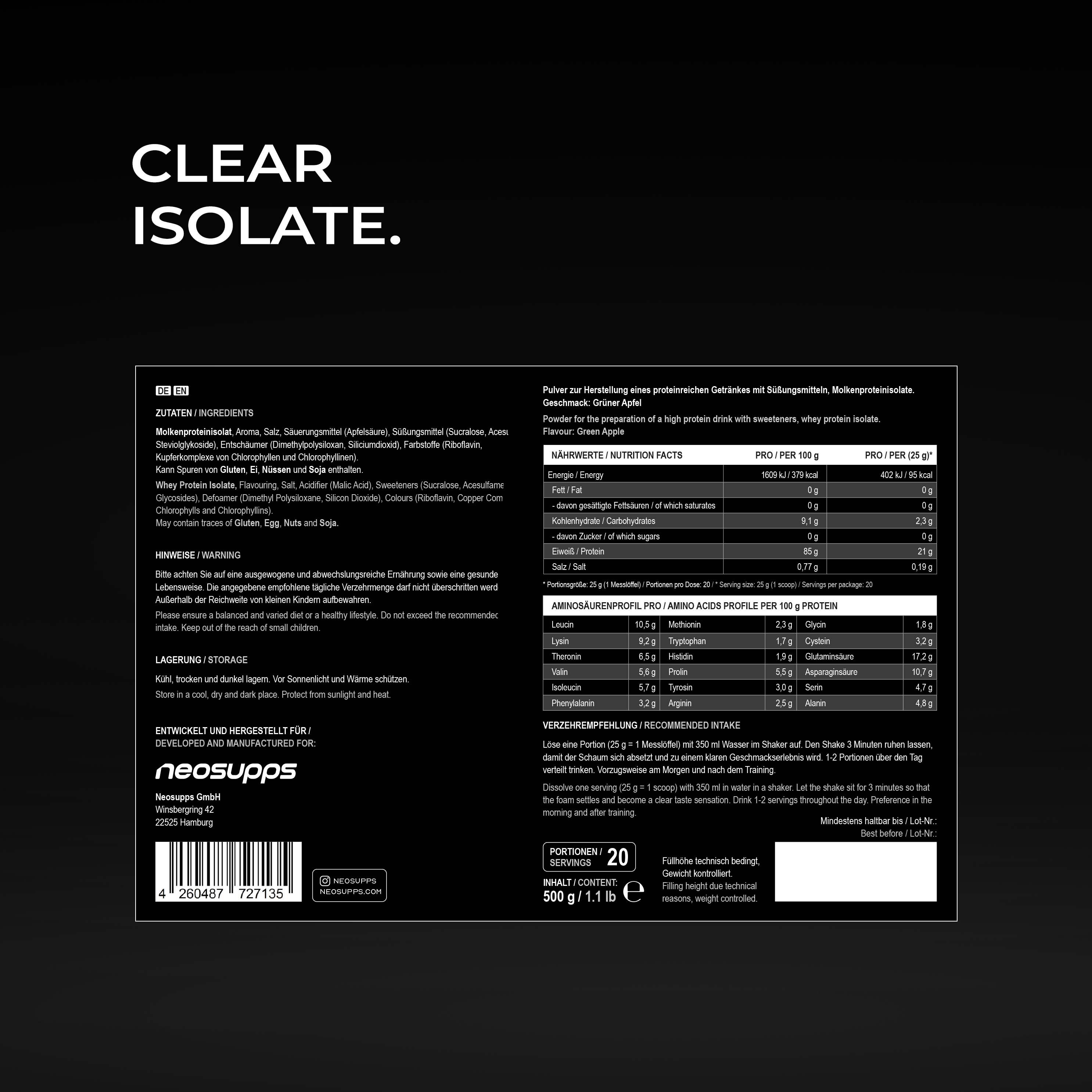 Neosupps Clear Whey Isolat Protein Pulver, 500g, Green Apple Geschmack