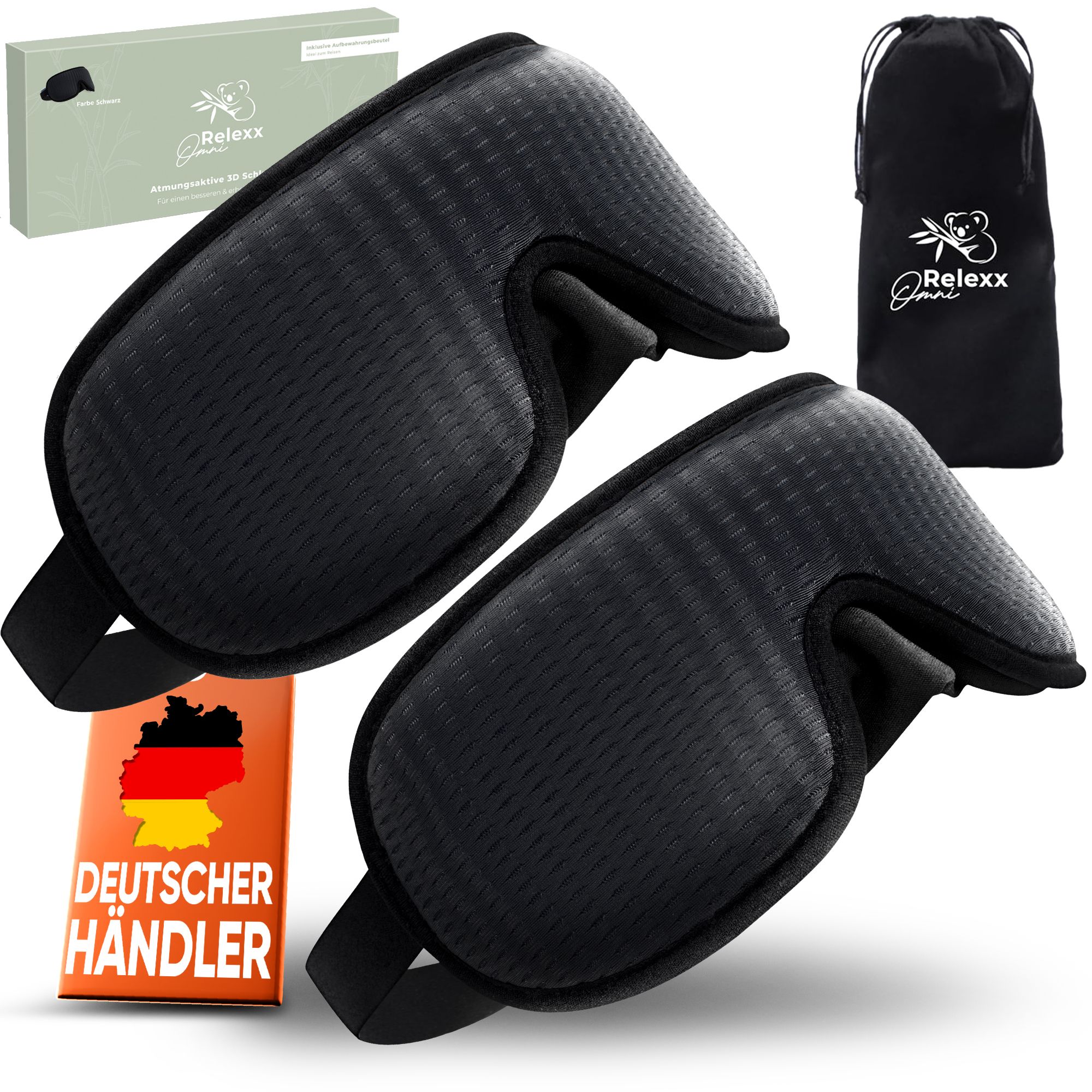 Zwei schwarze Schlafmasken, Reisebeutel und Verpackung. Aufdruck: Deutscher Händler. Marke: OMNIRELEXX®.