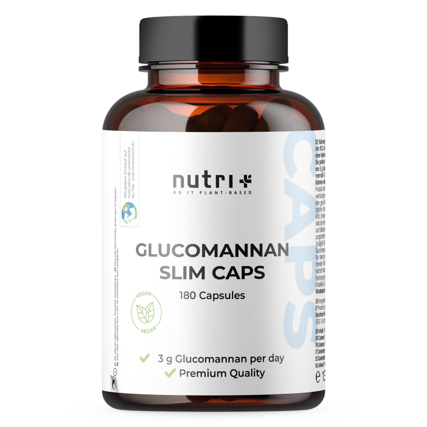 Braune Flasche mit Kapseln. Aufschrift: Glucomannan Slim Caps, 180 Kapseln. Vegan, 3g Glucomannan pro Tag.