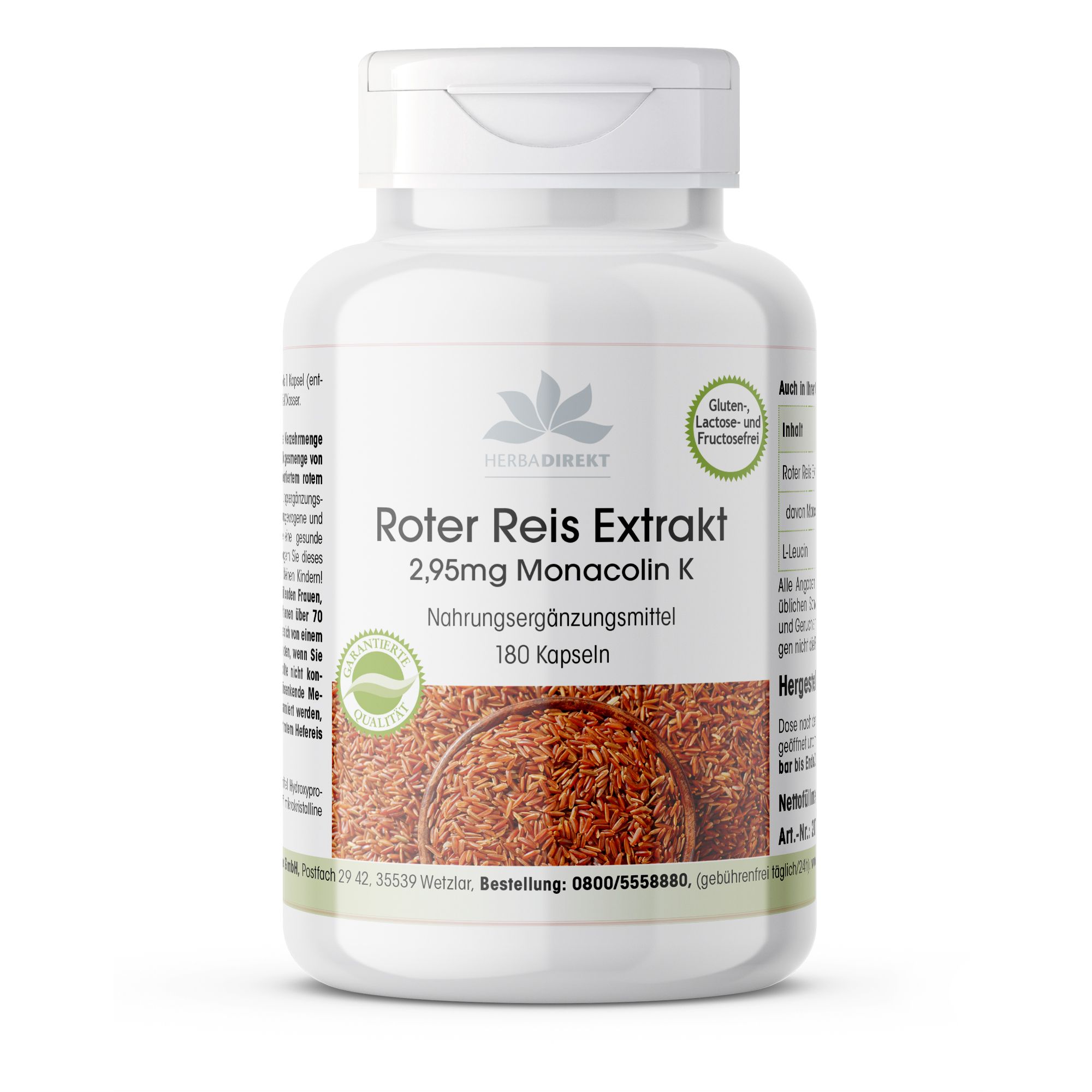Weiße Flasche mit Kapseln. Aufschrift: Roter Reis Extrakt, 2,95mg Monacolin K, 180 Kapseln. Logo: Herba Direkt. Gluten-, Laktose- und Fructosefrei.