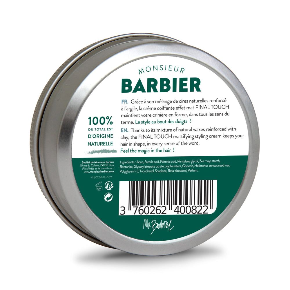 Runde Dose mit "Monsieur BARBIER". Rückseite mit Text und Barcode. Inhaltsstoffe und Zertifizierung COSMOS NATURAL.