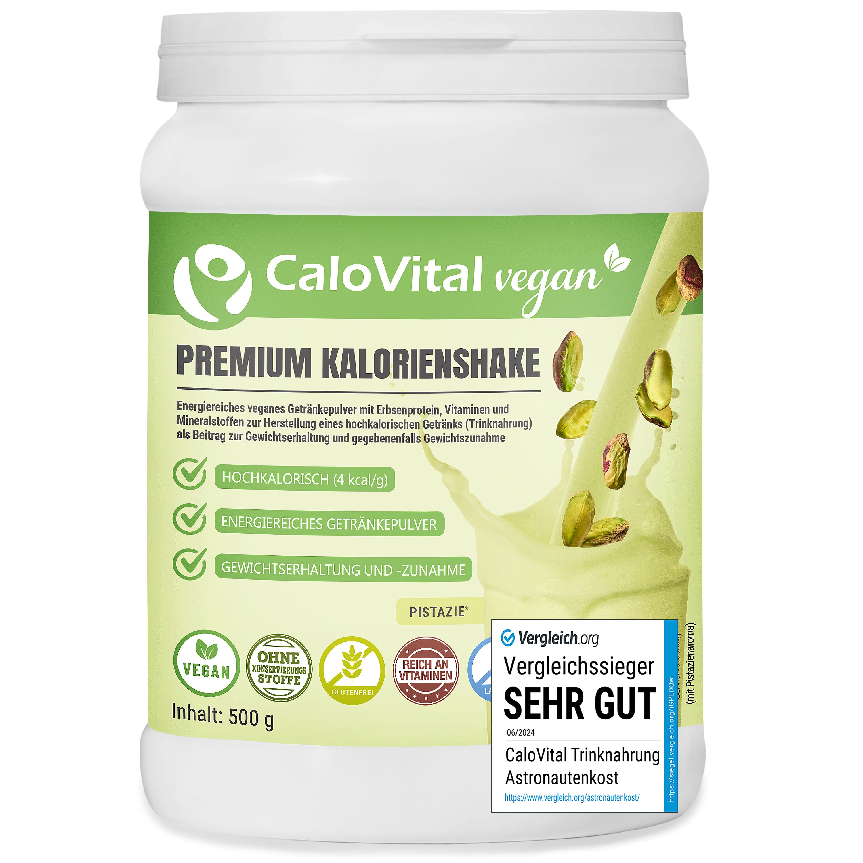 Weiße Dose CaloVital vegan Premium Kalorienshake. Pistaziengeschmack. Vegan, ohne Konservierungsstoffe, glutenfrei. Sehr gut bewertet.