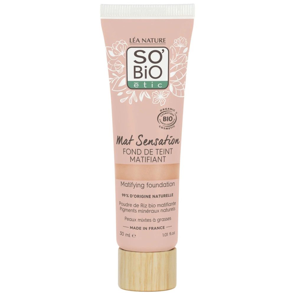 SO'BiO étic Mat Sensation Foundation Tube. Rosa Verpackung. Holzfarbener Deckel. Französischer Text.