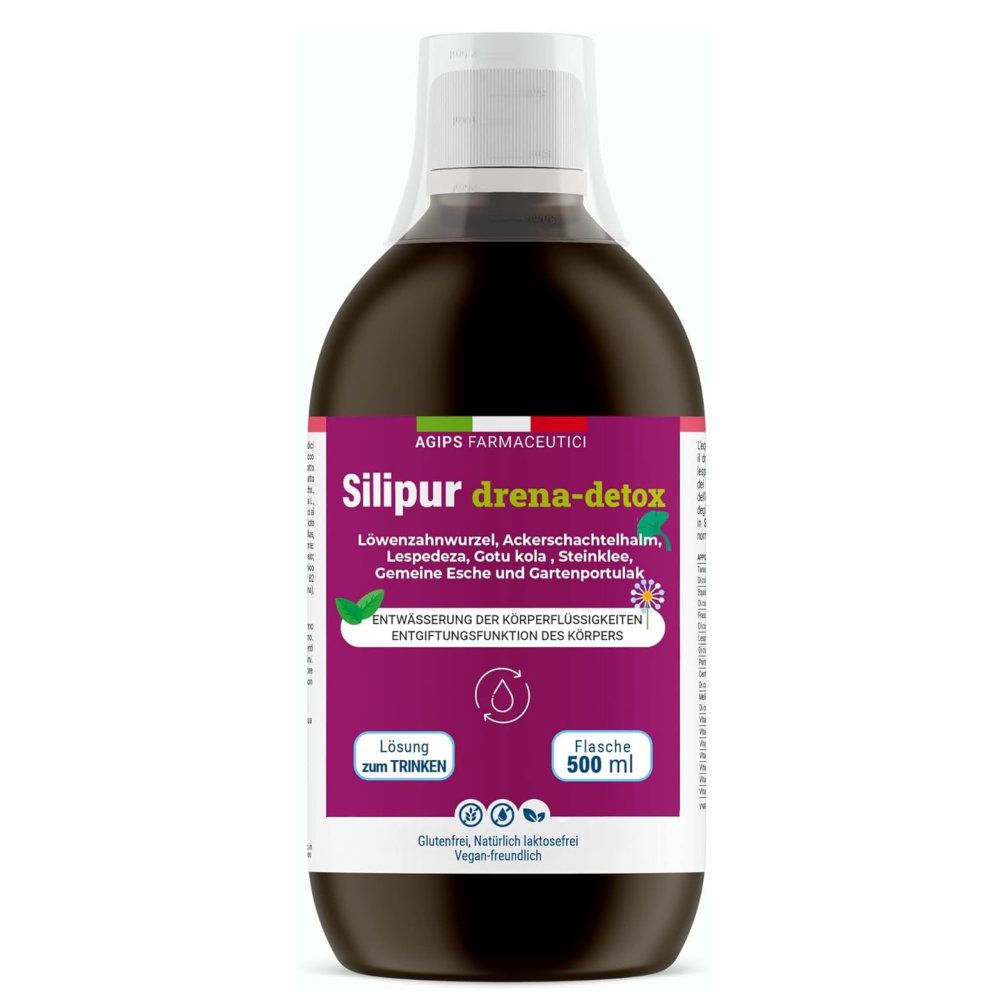 Braune Flasche mit weißem Verschluss. Etikett mit Produktnamen und Inhaltsstoffen. 500 ml. Lösung zum Trinken. Glutenfrei.