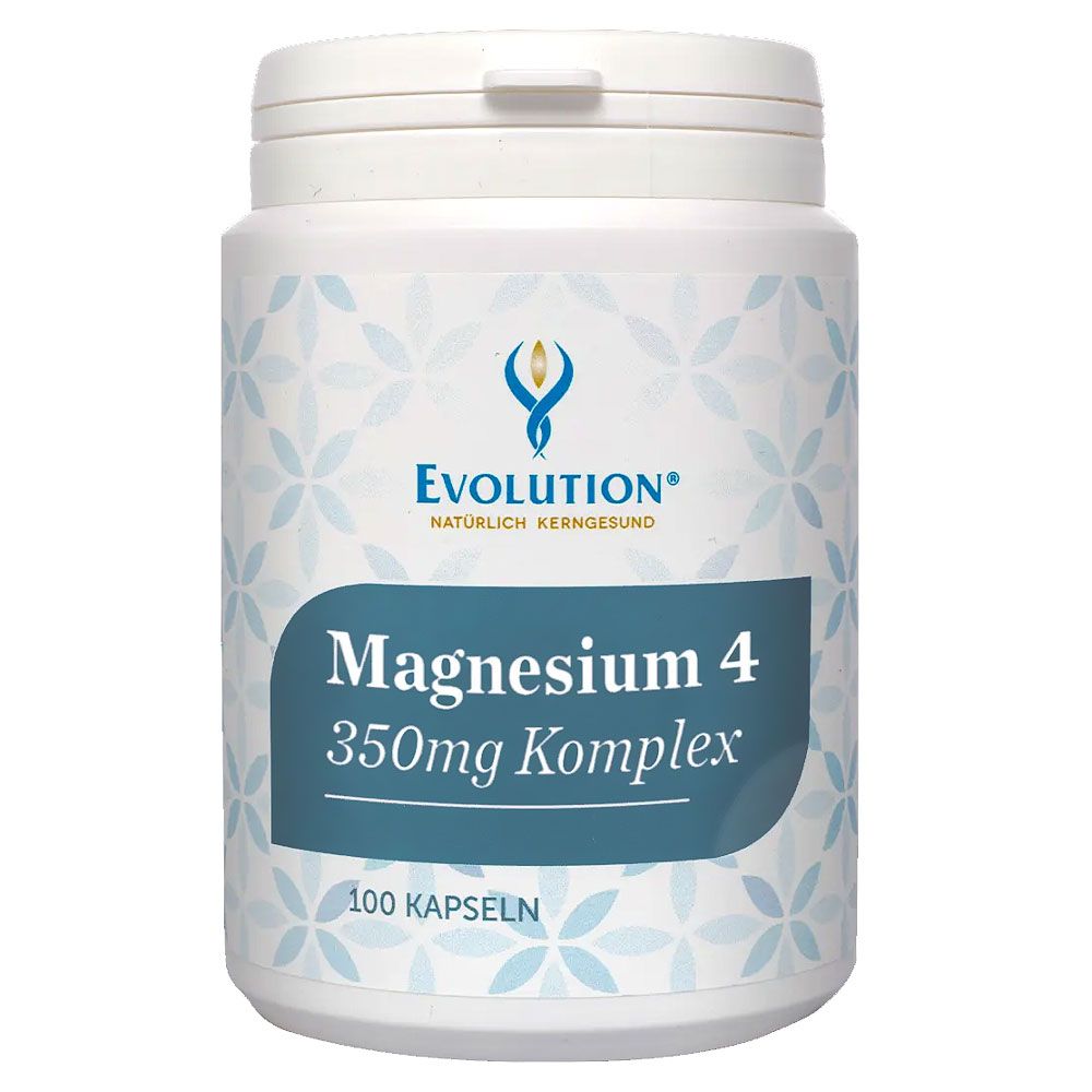 Weiße Flasche mit blauem Etikett. Aufschrift: Evolution Magnesium 4 350mg Komplex. 100 Kapseln. Blütenmuster.