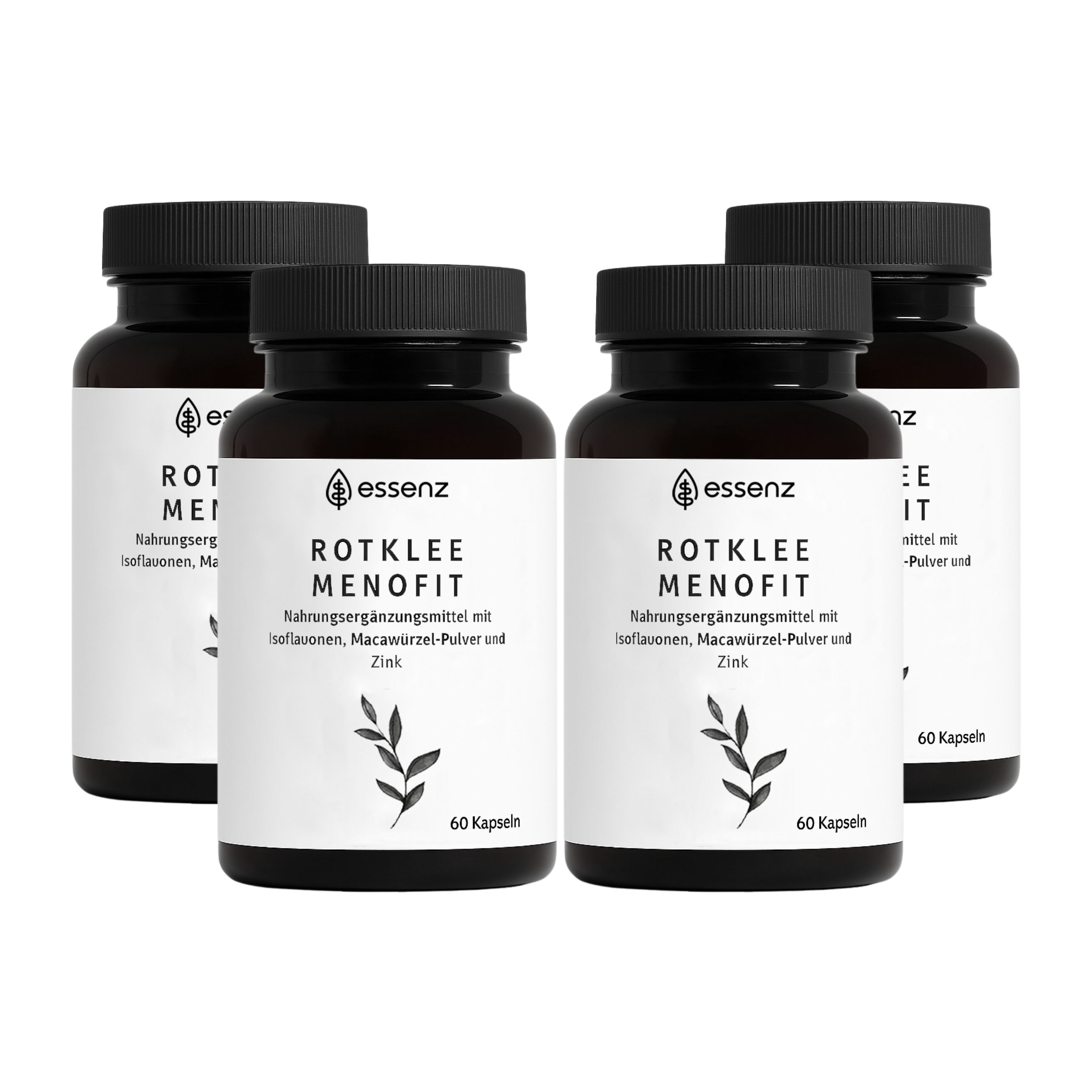 Vier Flaschen ESSENZ Rotklee MenoFit Kapseln. Schwarze Deckel, weiße Etiketten mit Produktnamen und Inhaltsstoffen.