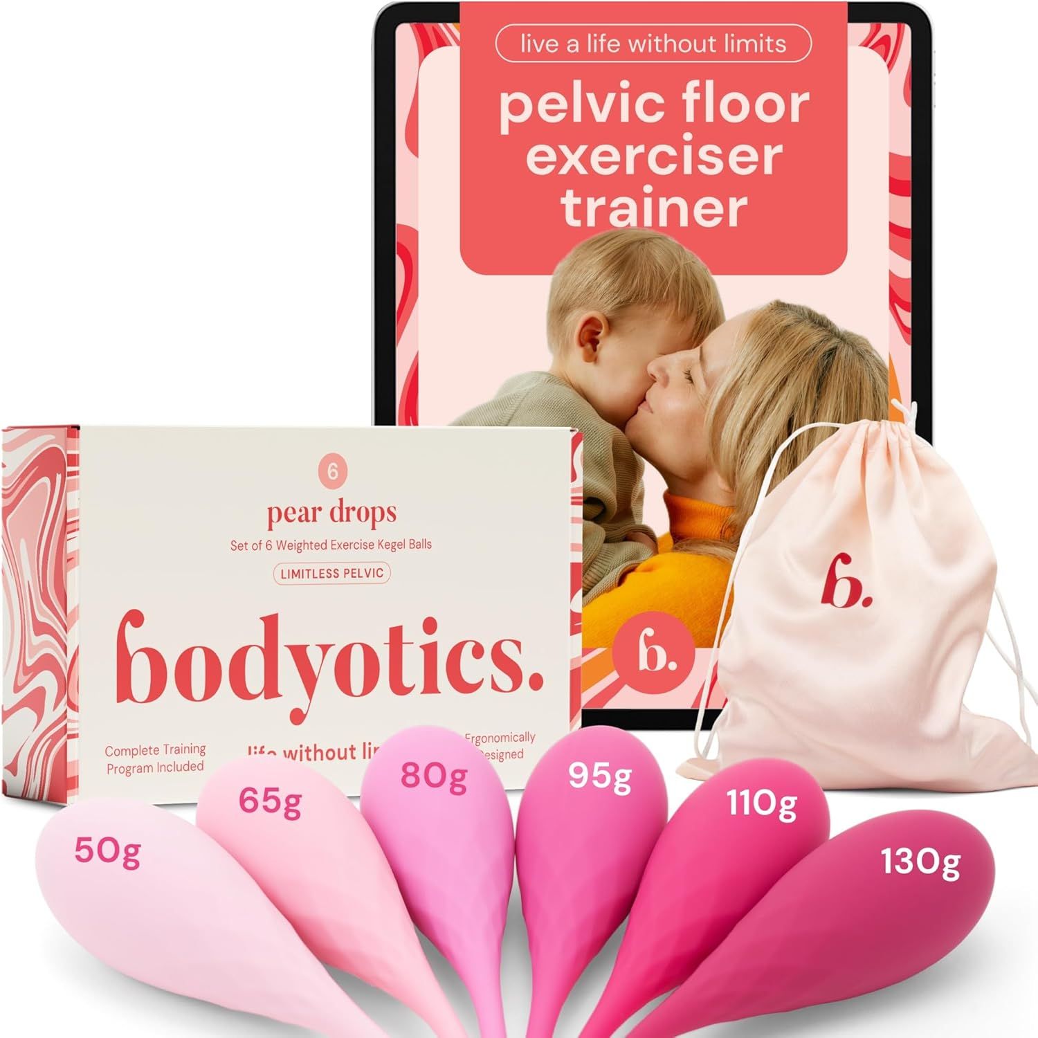 Set aus 6 Kegelgewichten in verschiedenen Rosatönen. Gewichtangaben: 50g, 65g, 80g, 95g, 110g, 130g. Inklusive Aufbewahrungsbeutel und Box.