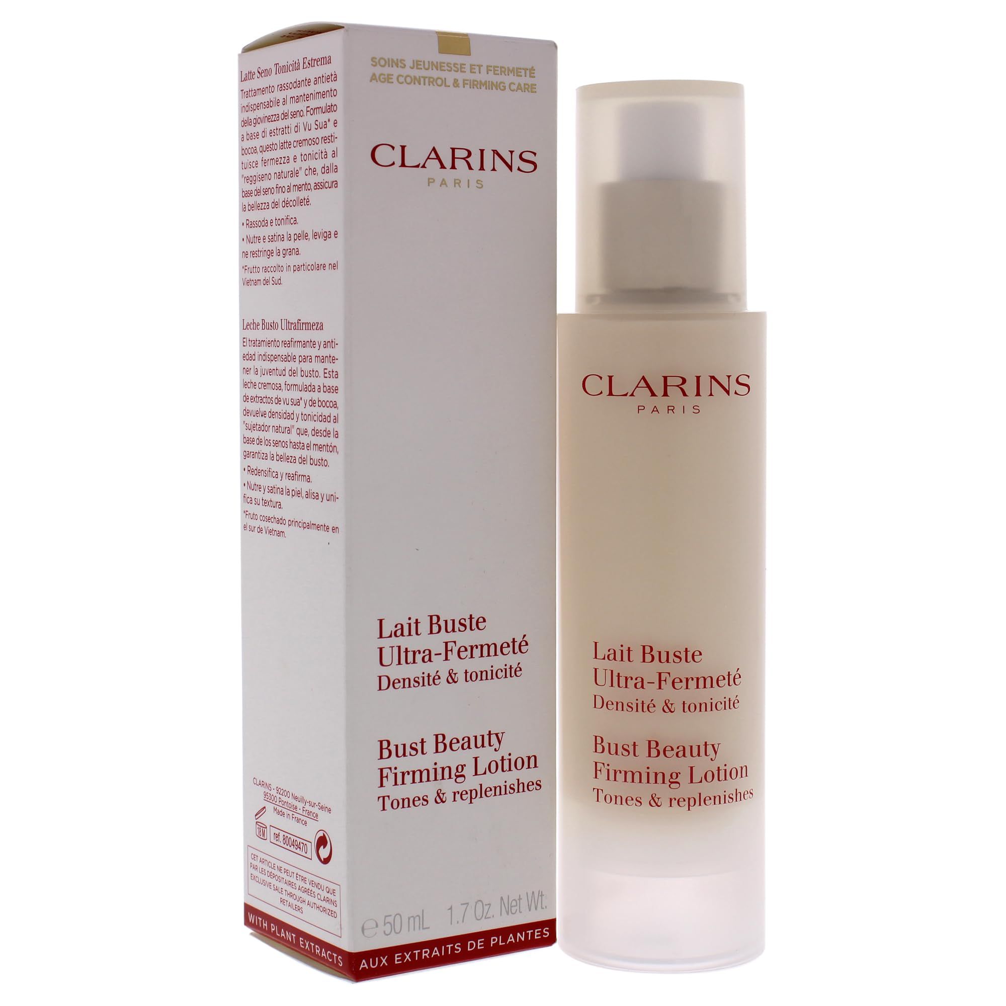 Lotion-Flakon und Verpackung. Aufschrift: Lait Buste Ultra-Fermeté, Bust Beauty Firming Lotion. Marke: Clarins.