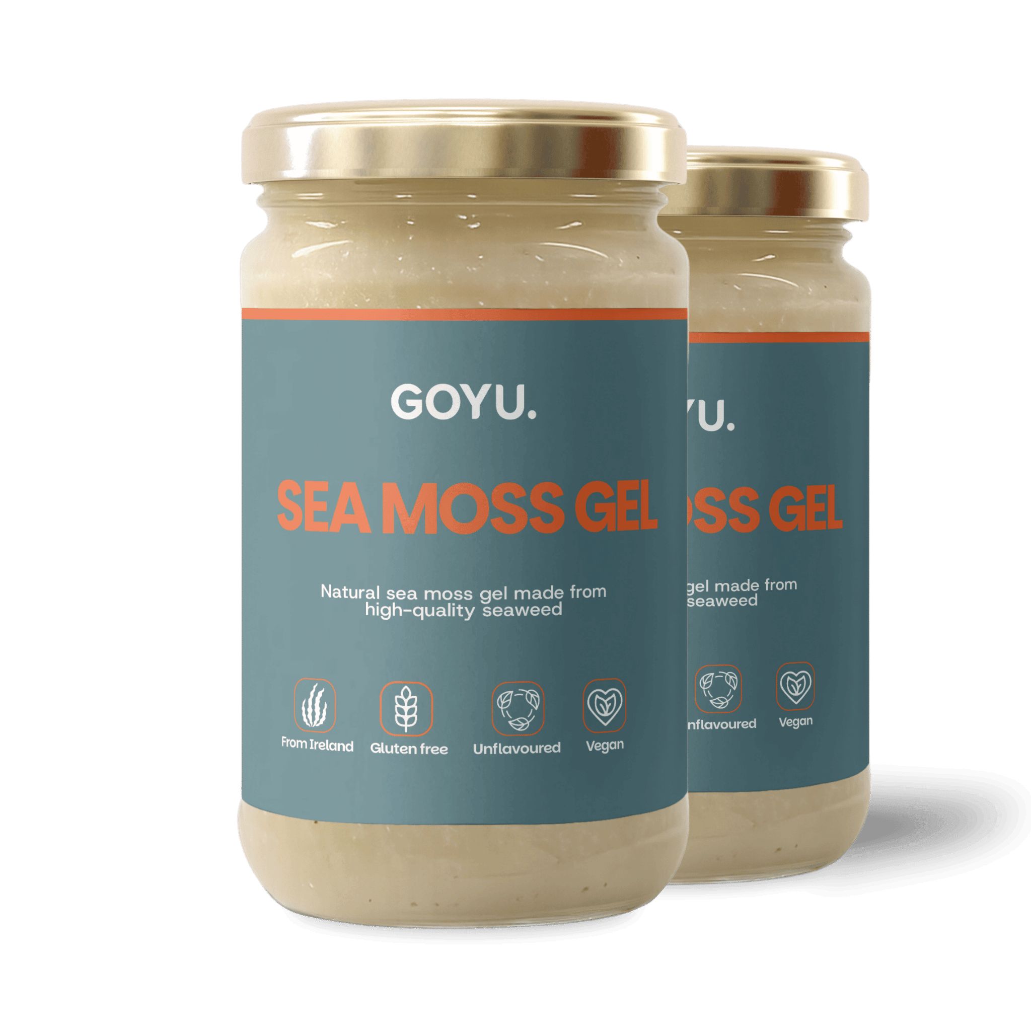 Zwei Gläser Sea Moss Gel. Aufschrift: GOYU, Sea Moss Gel. Natürliches Sea Moss Gel aus hochwertigem Seetang.
