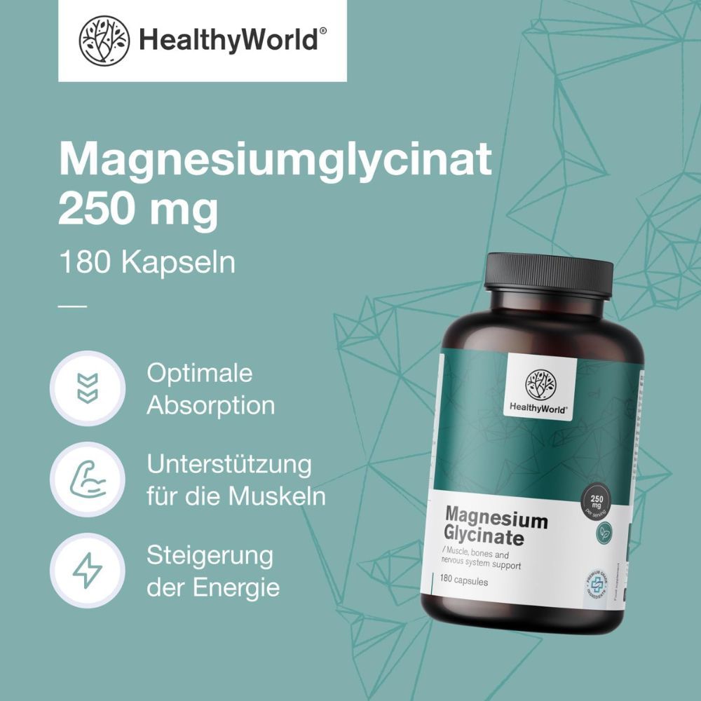 Flasche Magnesiumglycinat, 250 mg, 180 Kapseln. Marke: HealthyWorld. Text: Optimale Absorption, Unterstützung für die Muskeln.