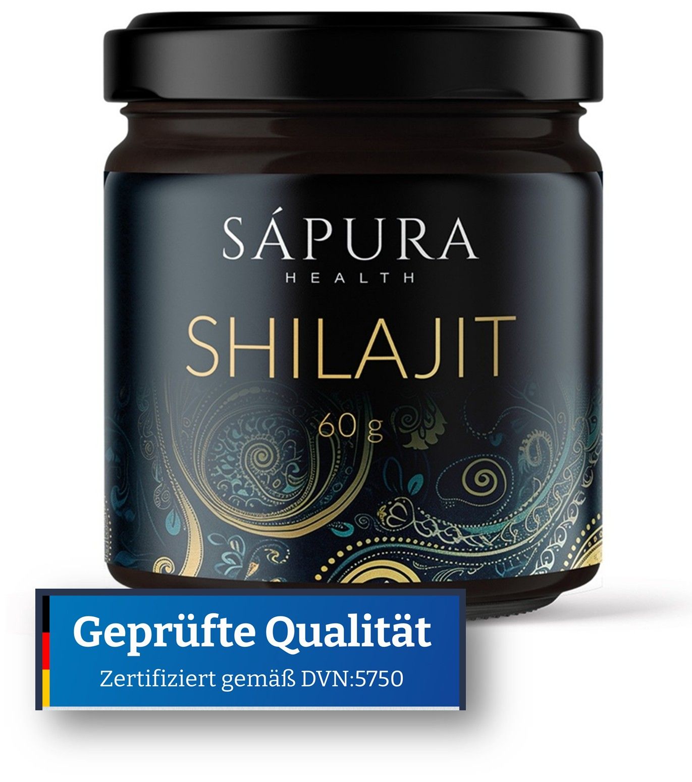 Dunkles Glas mit schwarzem Deckel. Aufschrift: SHILAJIT, 60g. Darunter: Geprüfte Qualität, Zertifiziert gemäß DVN:5750.