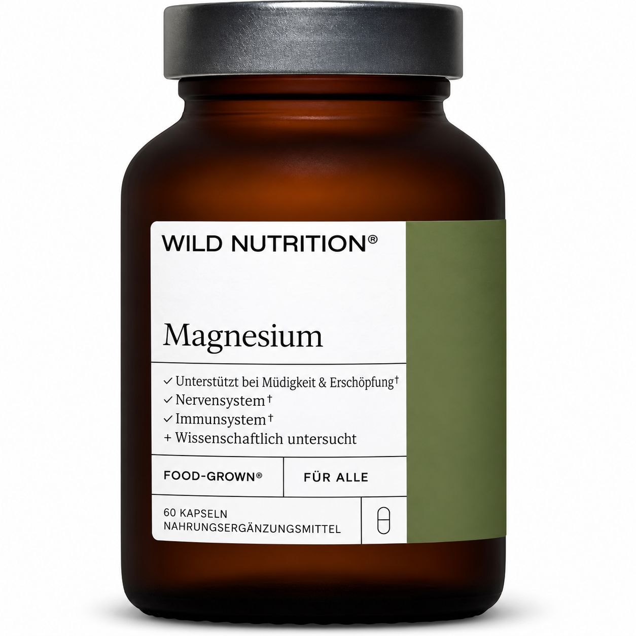 Braune Glasflasche mit Wild Nutrition Magnesium Kapseln. Enthält 60 Kapseln.