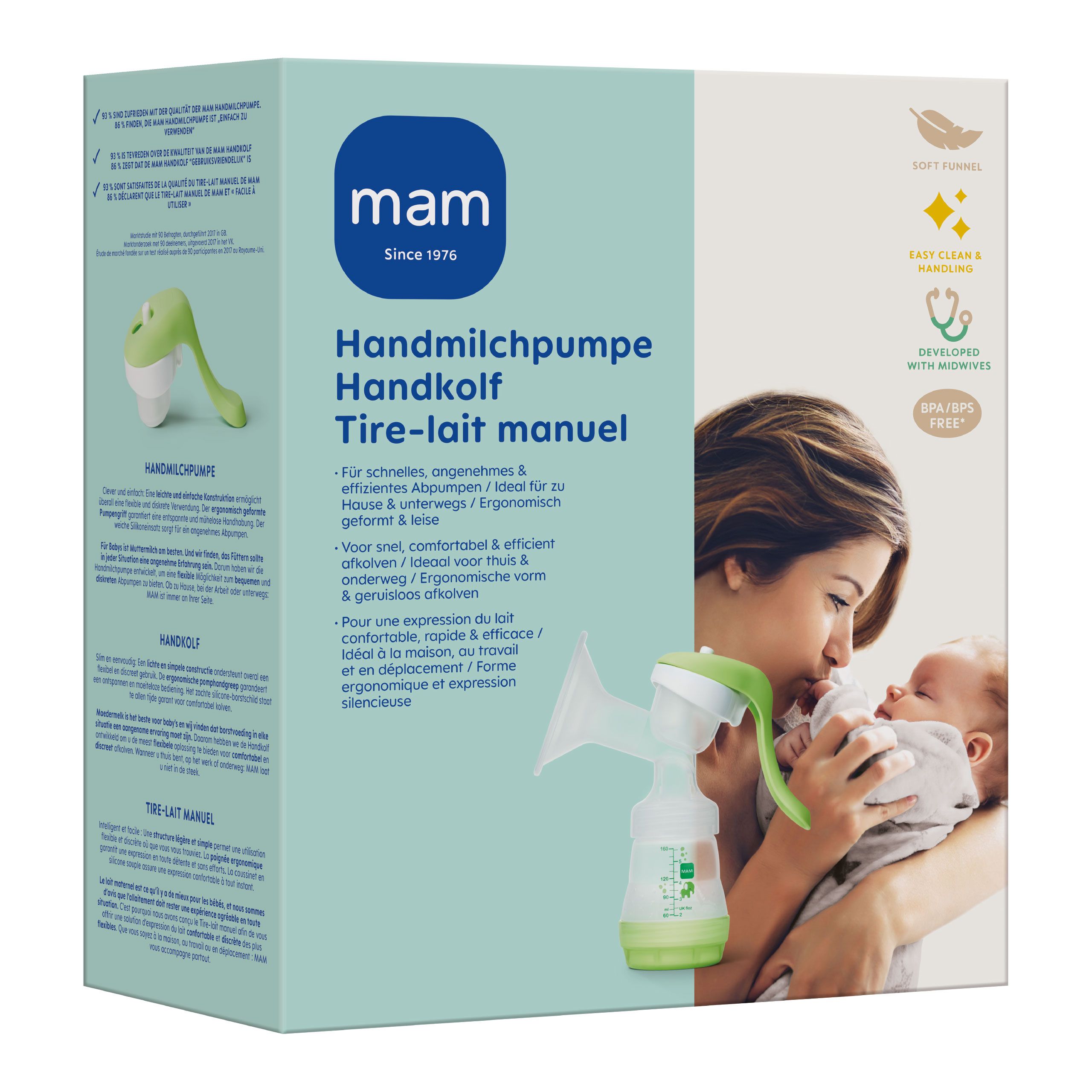 Verpackung der MAM Handmilchpumpe. Box mit Produktabbildung, Text in Deutsch, Französisch, Niederländisch. BPA-frei.