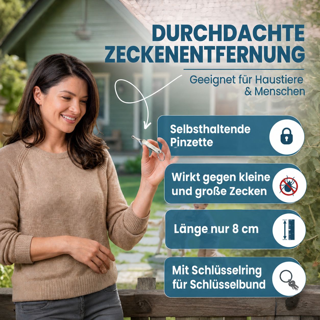 Frau hält eine 8 cm lange Zeckenpinzette mit Schlüsselring. Geeignet für Haustiere und Menschen.