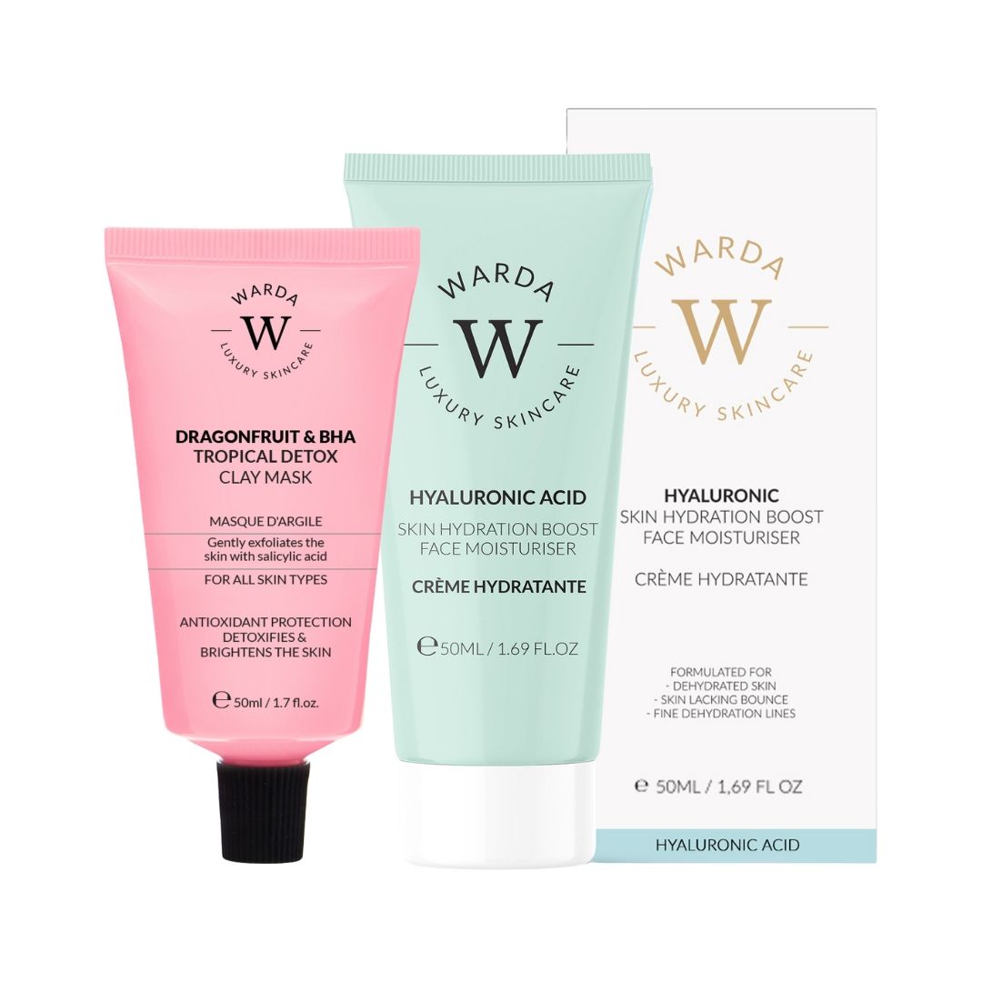 Rosa Tube mit schwarzem Verschluss, grüne Tube, weiße Schachtel. Aufdruck: Warda Luxury Skincare, Hyaluronsäure, Feuchtigkeitscreme.