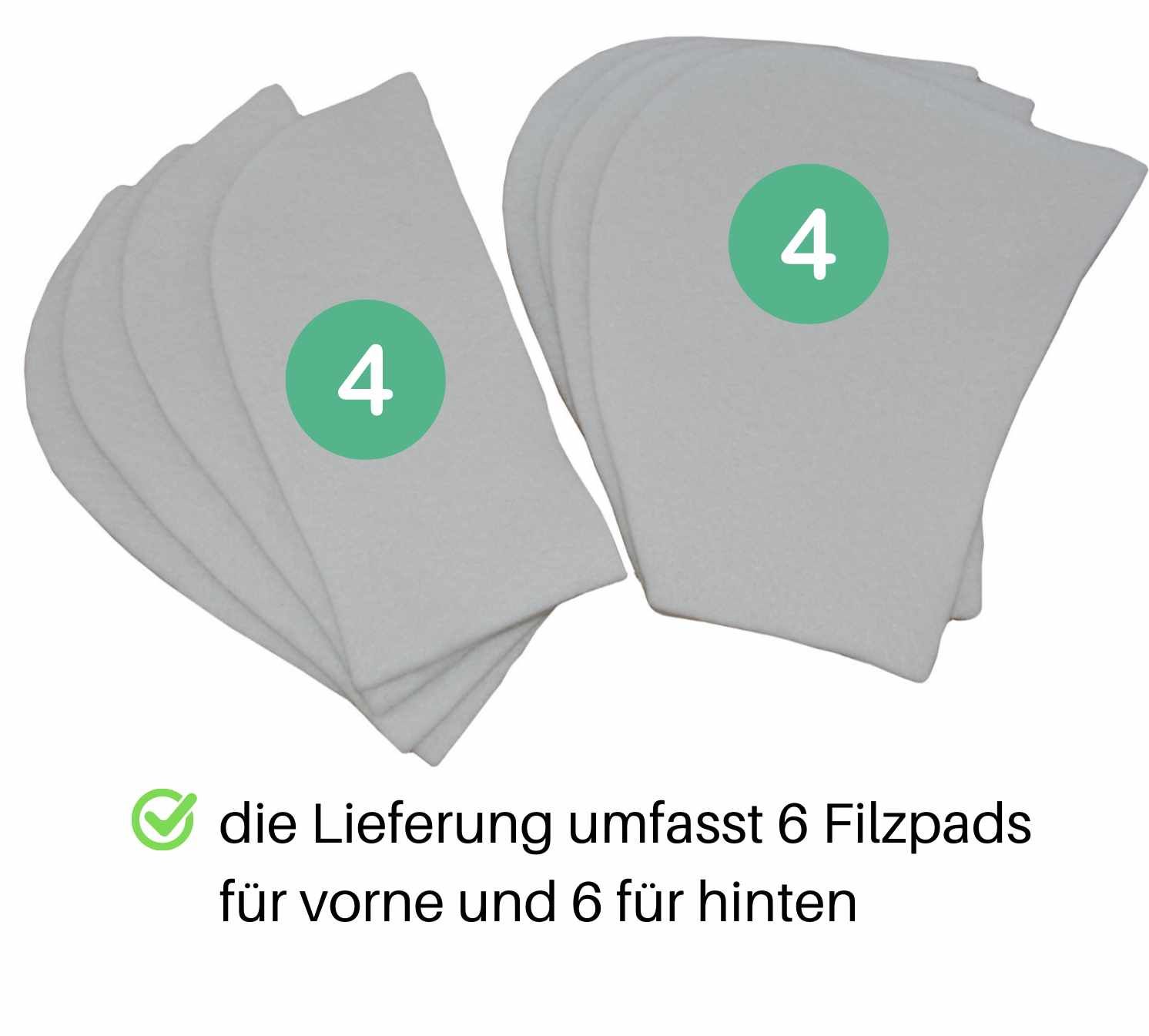 Sechs Filzpads, vier mit der Zahl '4' gekennzeichnet. Text: 'Die Lieferung umfasst 6 Filzpads...'.