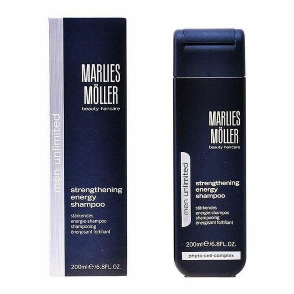 Shampoo-Flasche und Verpackung nebeneinander. Flasche: dunkelblau, Klappverschluss. Verpackung: weiß/dunkelblau. Aufschrift: Marlies Möller, Men Unlimited, Shampoo. 200ml.