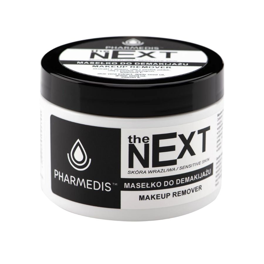 Weißes Tiegel mit schwarzem Deckel. Aufschrift: Pharmedis The Next. Produktbezeichnung und Logo.