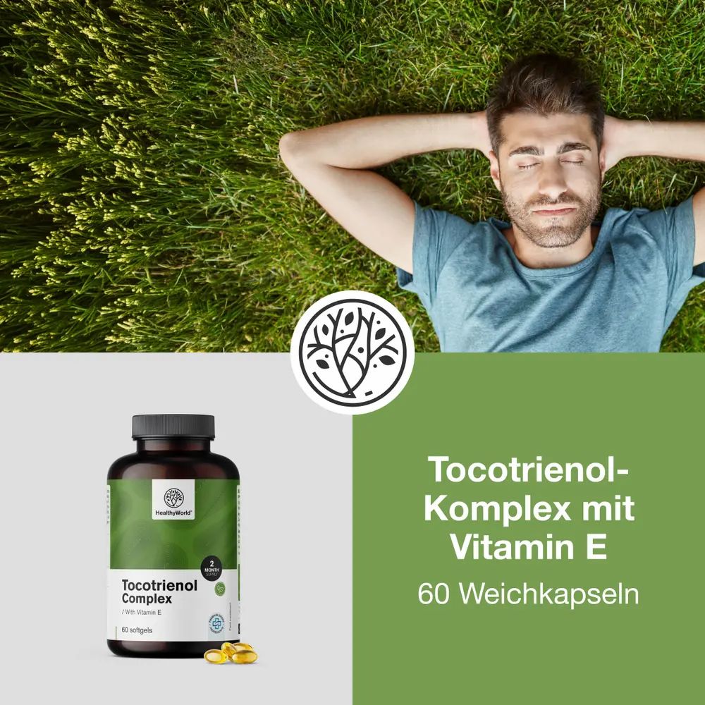 HealthyWorld Tocotrienol Komplex mit Vitamin E, 60 Weichkapseln, mit Mann im Gras.