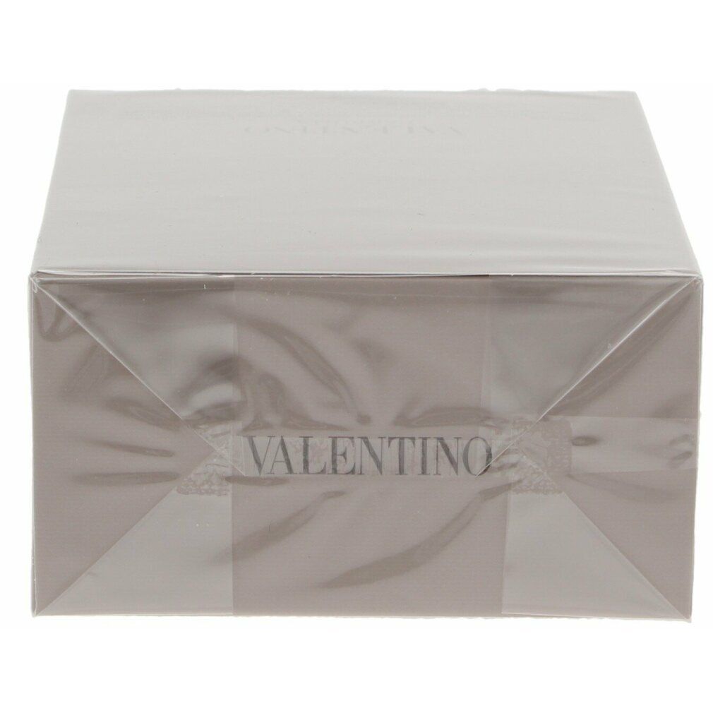 Verpackung von Valentino Uomo Edt Spray. Graue, rechteckige Schachtel, in Folie verpackt. Valentino-Logo sichtbar.