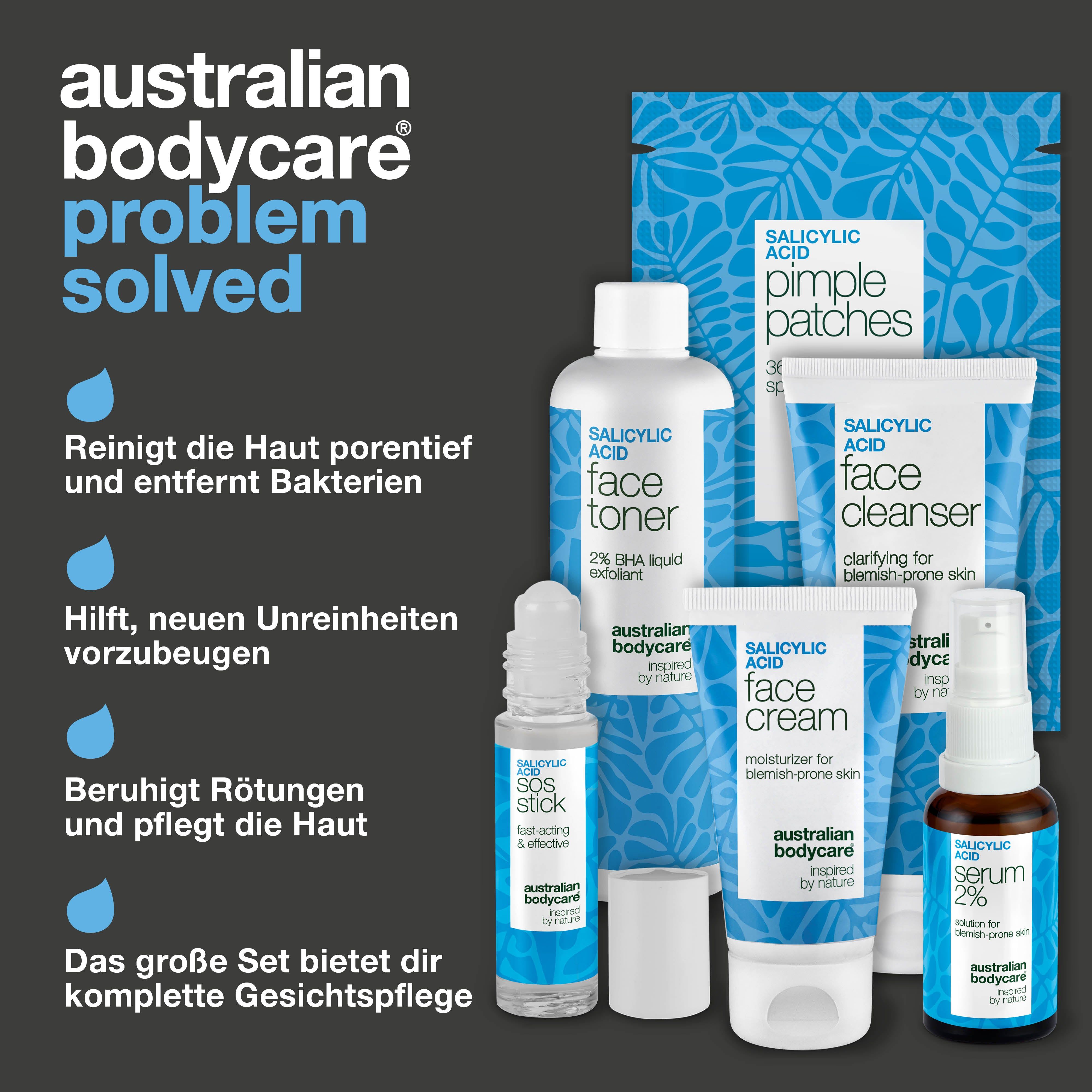 Mehrere Produkte: Toner, Pflaster, Creme, Serum, Stick. Text: 'Australian Bodycare Problem Solved'.