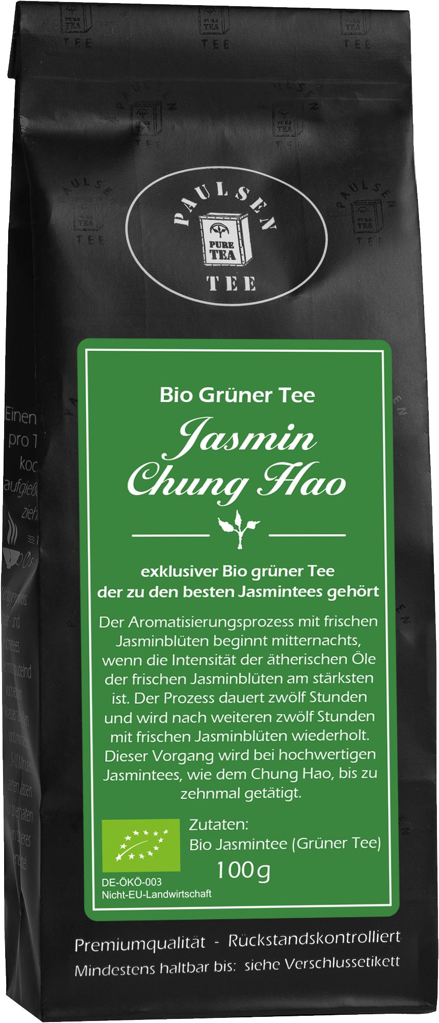 Schwarze Verpackung mit grünem Etikett. Text: Bio Grüner Tee Jasmin Chung Hao. Logo: DE-ÖKO-003. 100g.