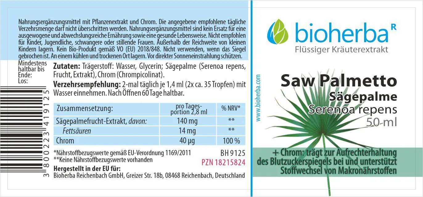 Etikett mit "bioherba" Logo und "Saw Palmetto" Schriftzug. Enthält Informationen zu Inhaltsstoffen und Nährwerten.