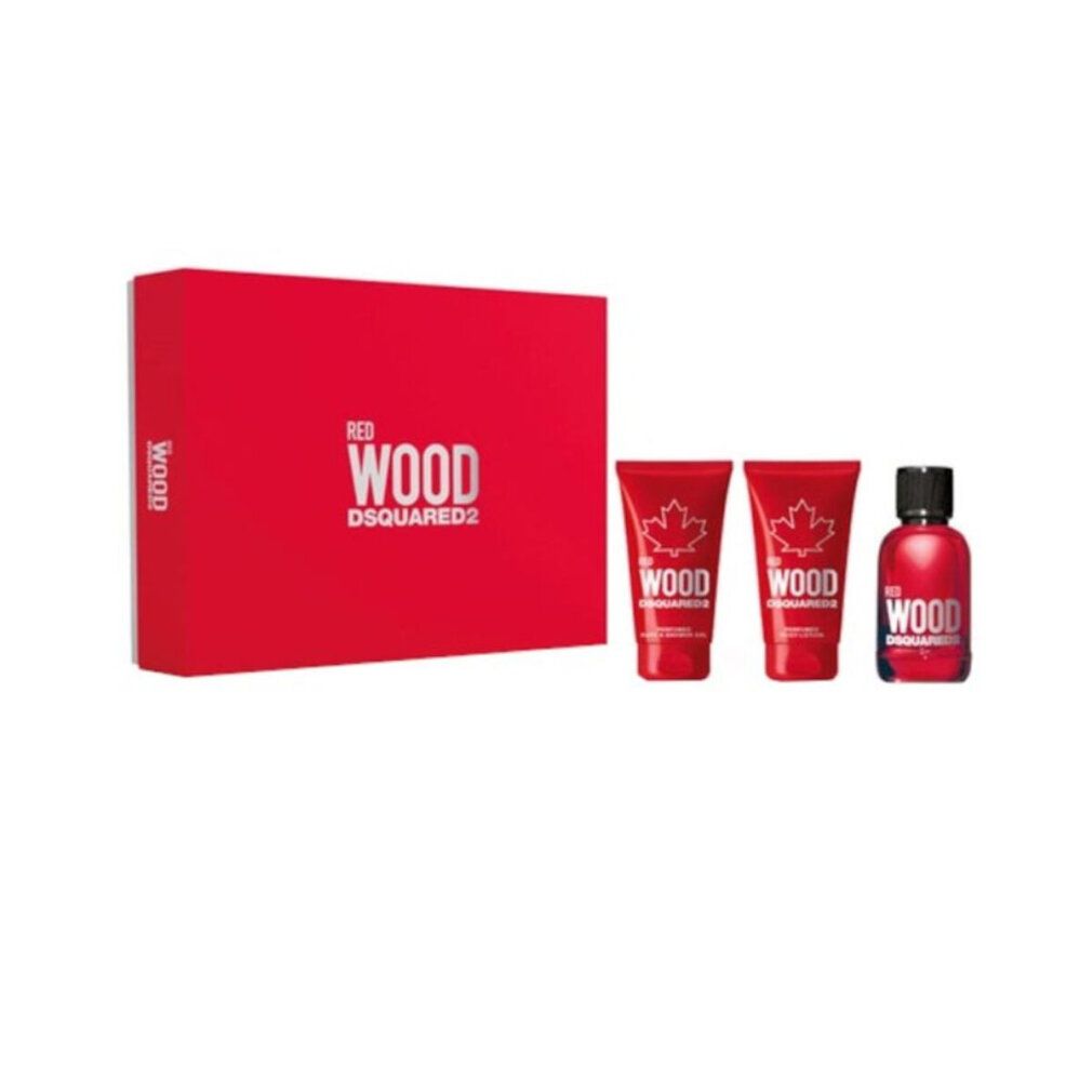 Rotes Geschenkset mit "RED WOOD DSQUARED2". Enthält zwei Tuben, eine Flasche und eine Box. Alle Elemente sind rot.