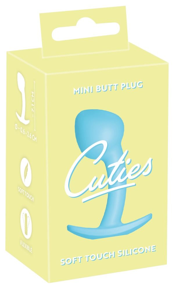 Verpackung für einen Mini-Butt-Plug. Auf der Verpackung steht "Cuties" und "Soft Touch Silicone". Das Produkt ist abgebildet.