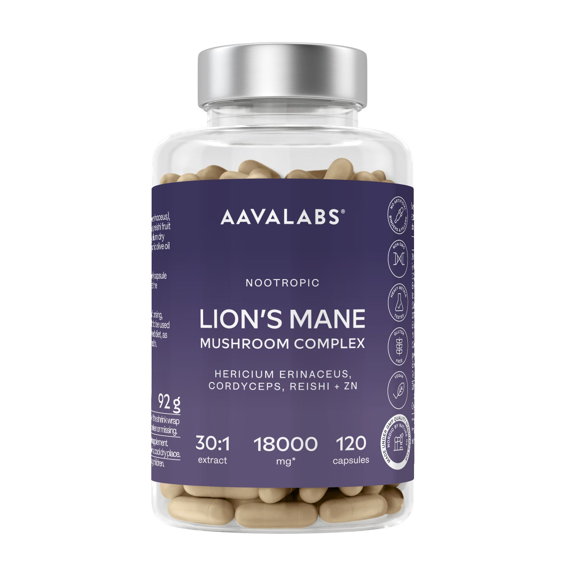 Kapseln in einer transparenten Flasche. Aufschrift: AAVALABS, Lion's Mane Mushroom Complex, 120 Kapseln.