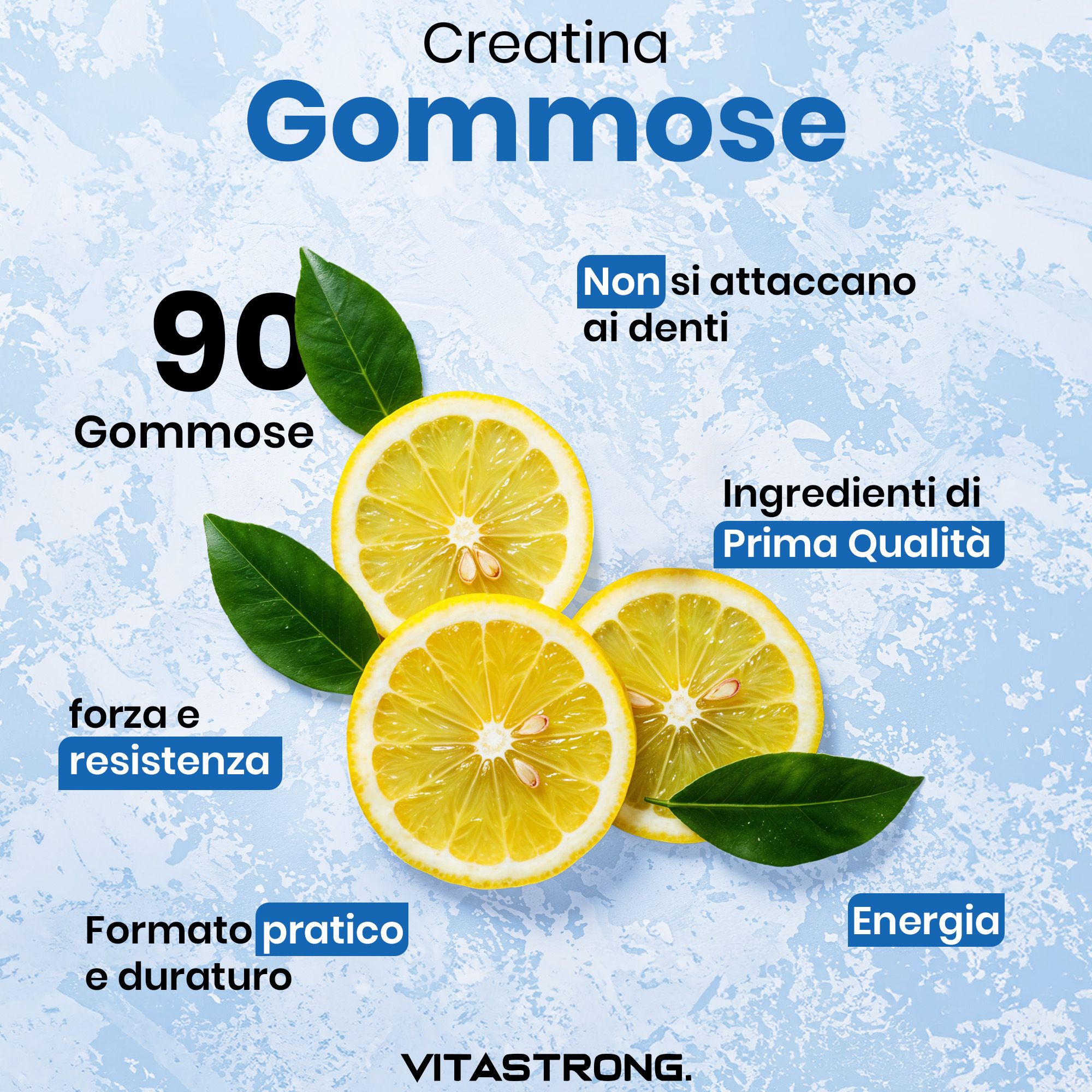 Kreatin-Gummis, Zitronen und Blätter. Text: 90 Gummis, Kraft und Ausdauer, praktisches und langlebiges Format, Energie.