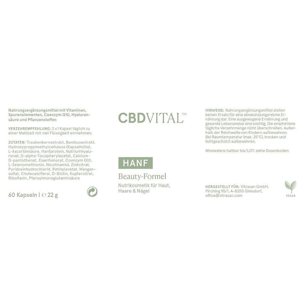 Weißes Etikett mit Text. CBD VITAL, HANF, Beauty-Formel. 60 Kapseln, 22g. Vegan-Logo.