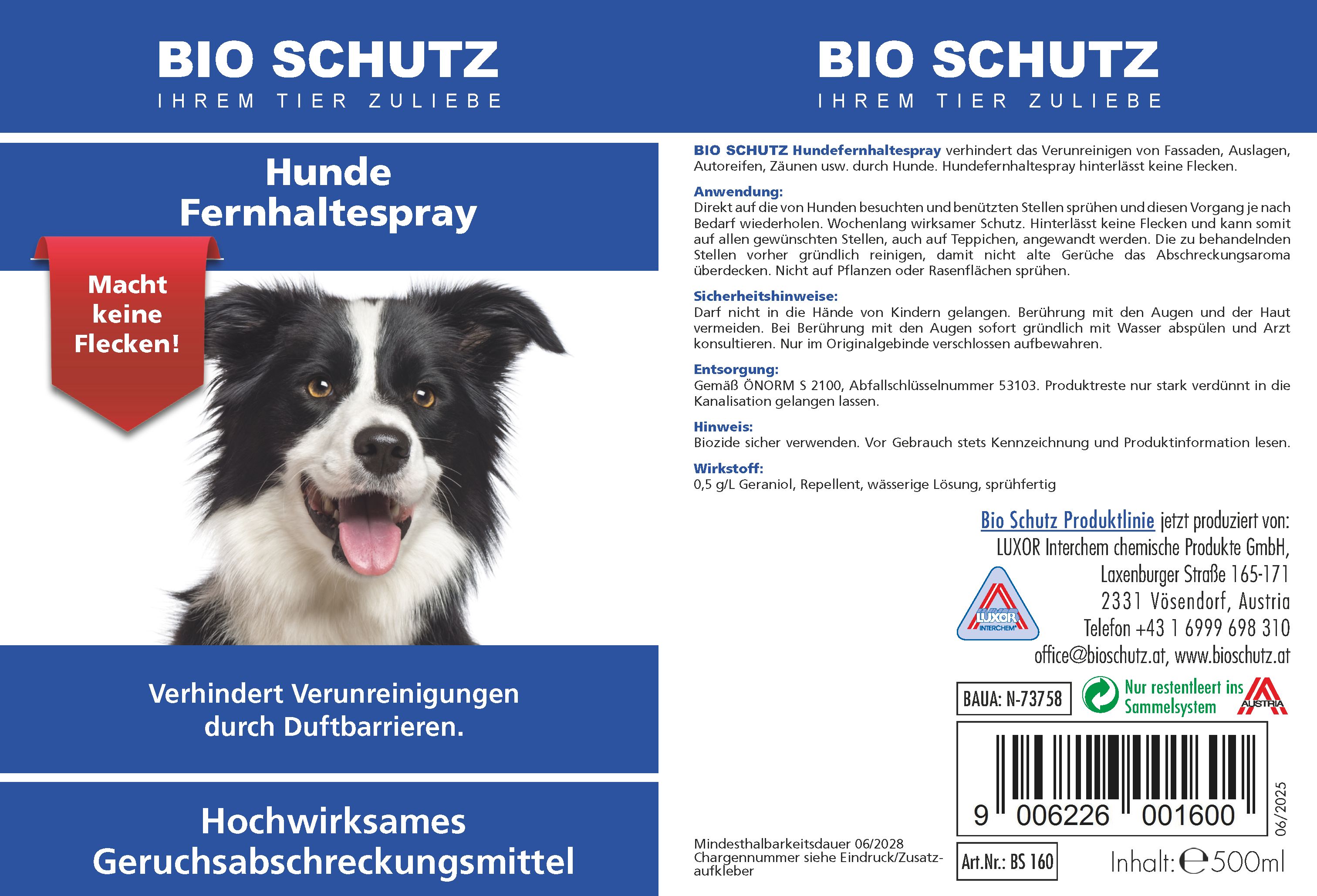 Etikett mit "BIO SCHUTZ" und "Hunde Fernhaltespray". Abbildung eines Hundes. Text: Macht keine Flecken! Enthält Text und Logos.