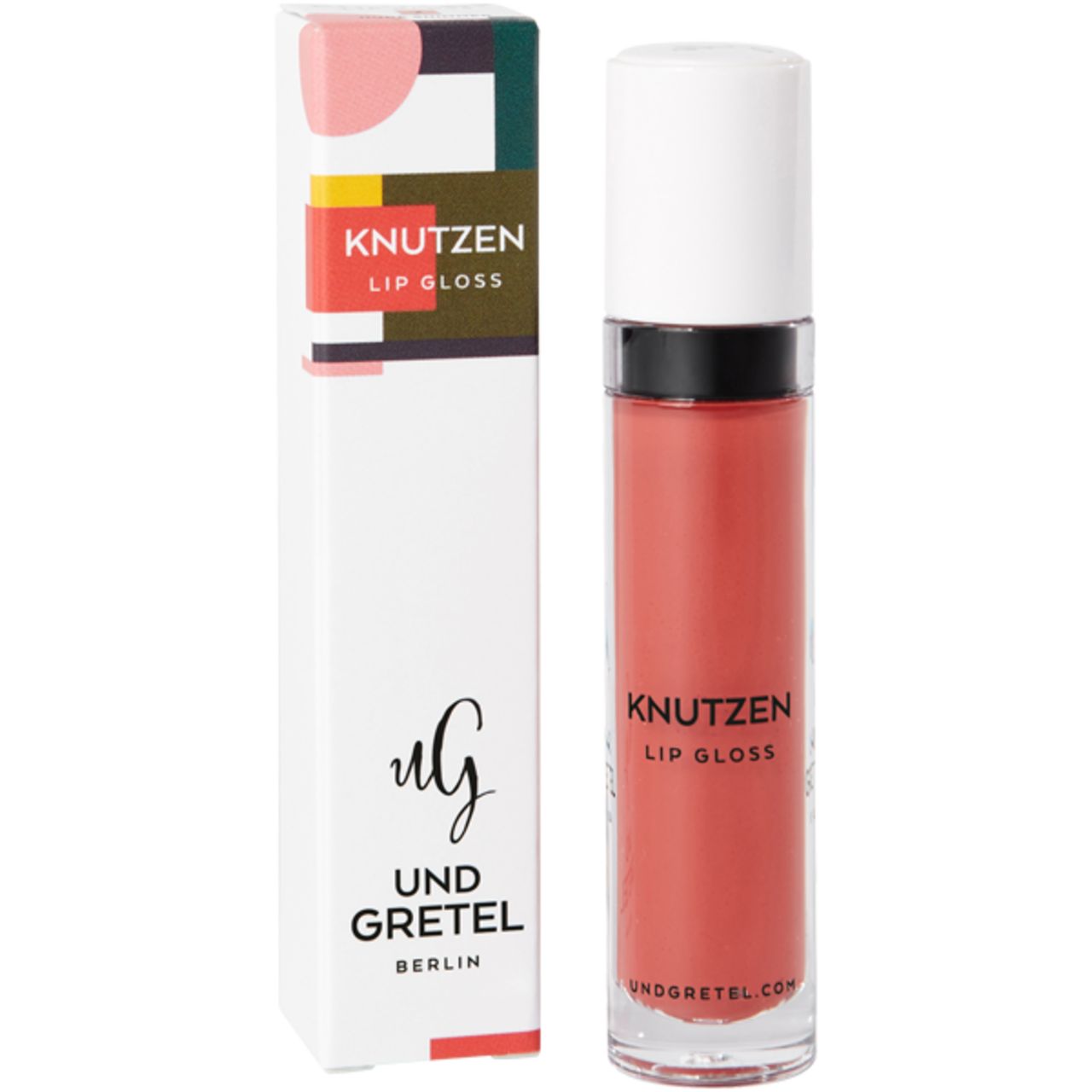 Lipgloss-Flakon und Verpackung. Auf dem Flakon steht 'KNUTZEN LIP GLOSS'. Die Verpackung zeigt Logo und Schriftzug 'UND GRETEL'.
