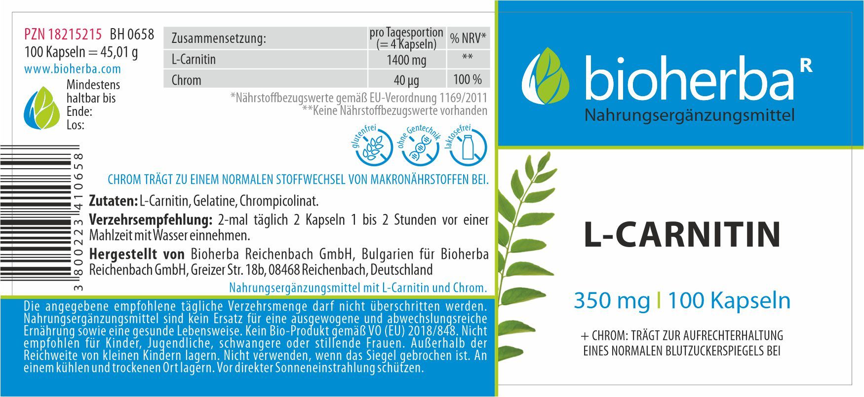 Etikett mit weißem Hintergrund und blauer Schrift: Bioherba, L-Carnitin, 350 mg, 100 Kapseln. Enthält Informationen zu Inhaltsstoffen.