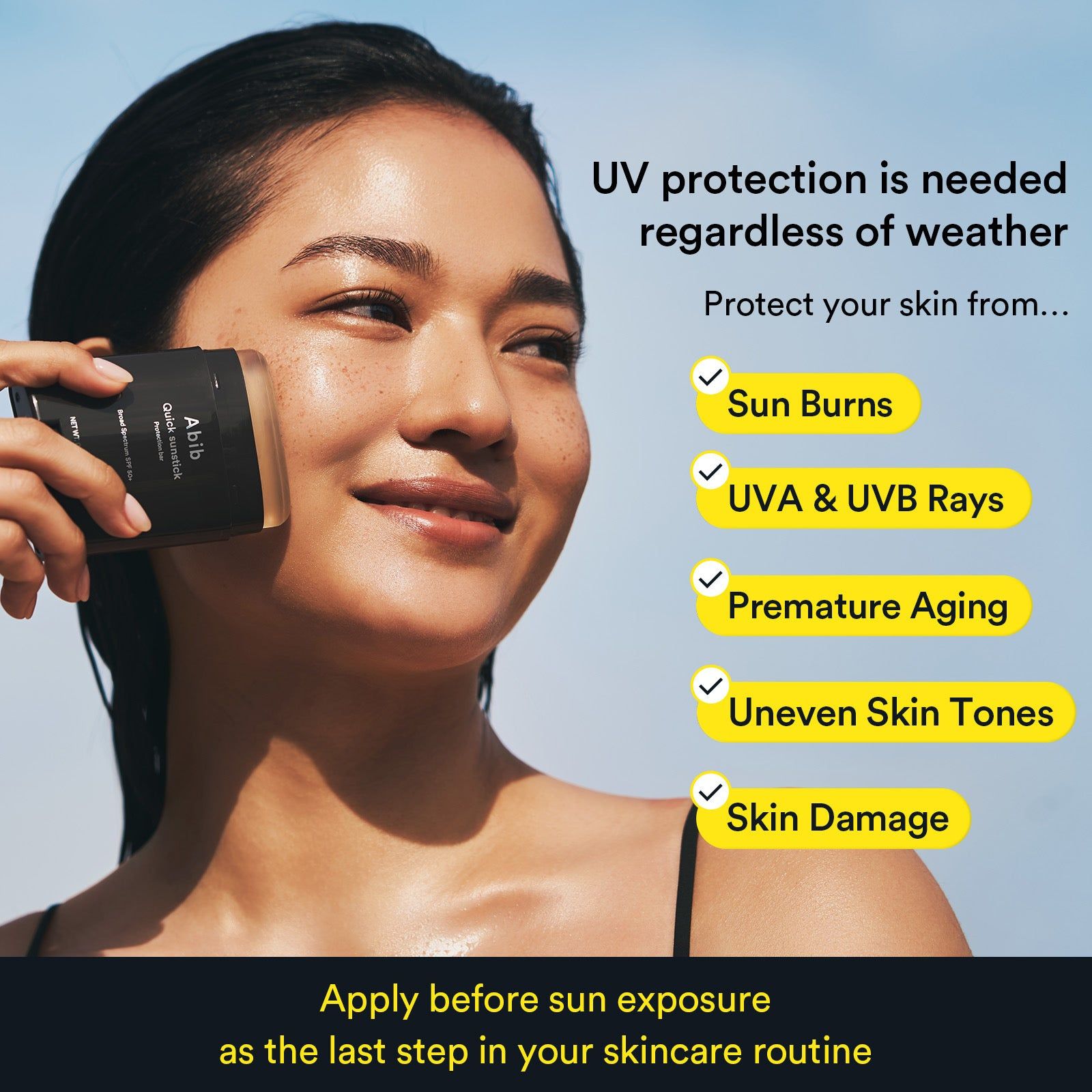 Frau mit ABIB Quick Sunstick Protection Bar SPF50+ PA++++, "UV protection is needed".