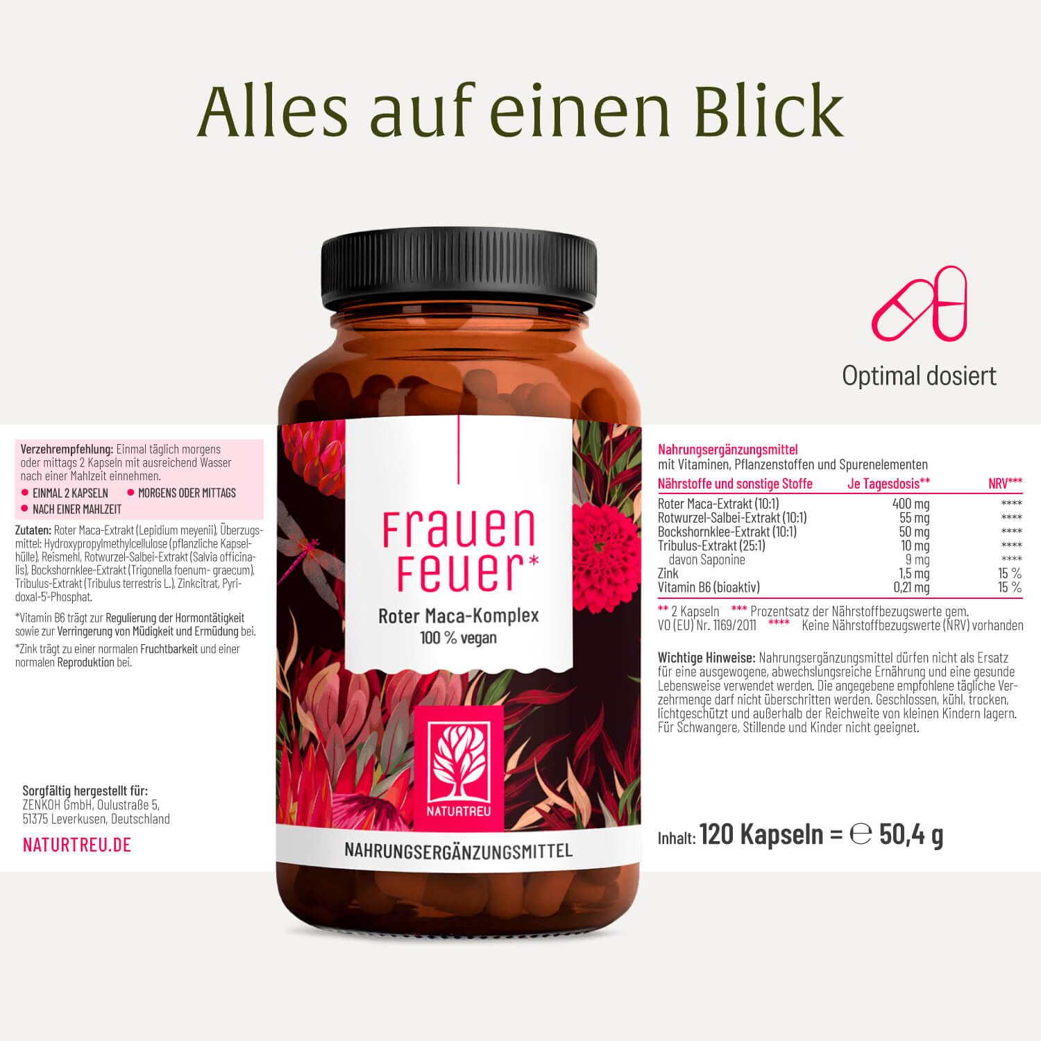 Braune Flasche mit Etikett: Frauenfeuer. Inhaltsstoffe, Dosierung, Hinweise. PETA-Logo.
