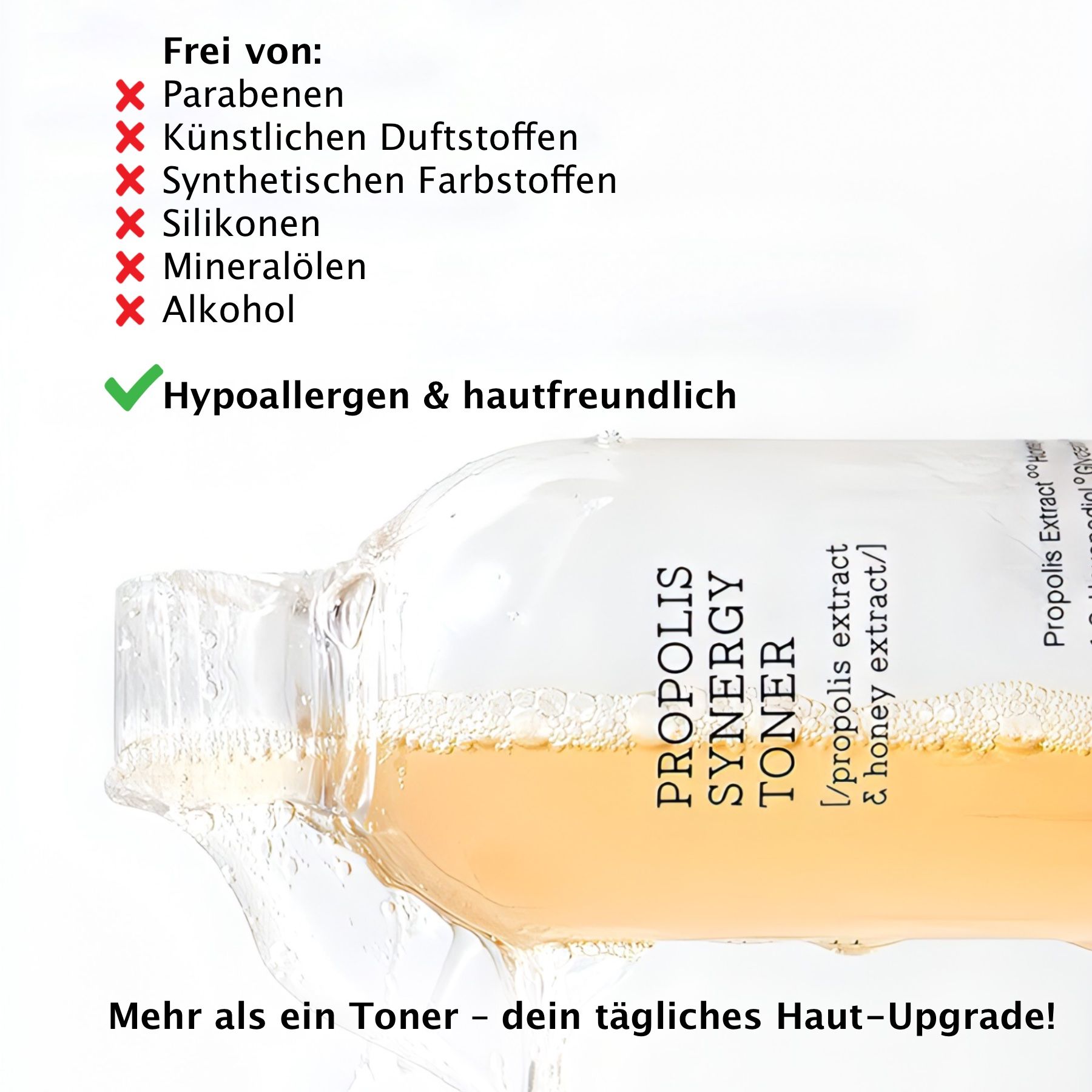 Produktflasche mit Text. Text zeigt, dass das Produkt frei von Parabenen, Duftstoffen, Farbstoffen, Silikonen, Mineralölen und Alkohol ist.