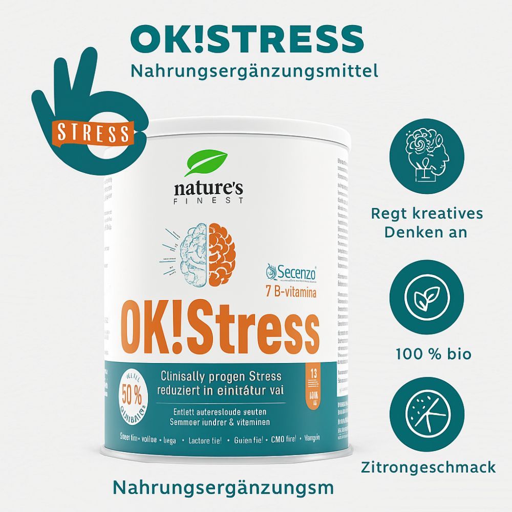 Dose OK!Stress mit Handgeste. Aufschrift: Nature's Finest, OK!Stress, 7 B-Vitamine. Nahrungsergänzungsmittel. 100% bio.