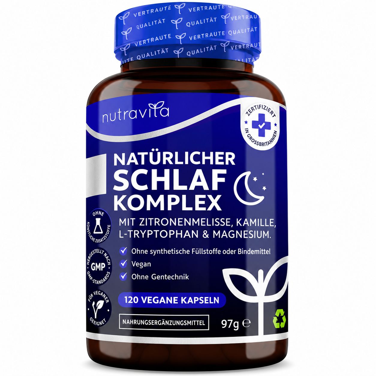 Eine braune Flasche mit nutravita Natürlicher Schlaf Komplex, 120 vegane Kapseln. Zertifiziert und GMP-konform.