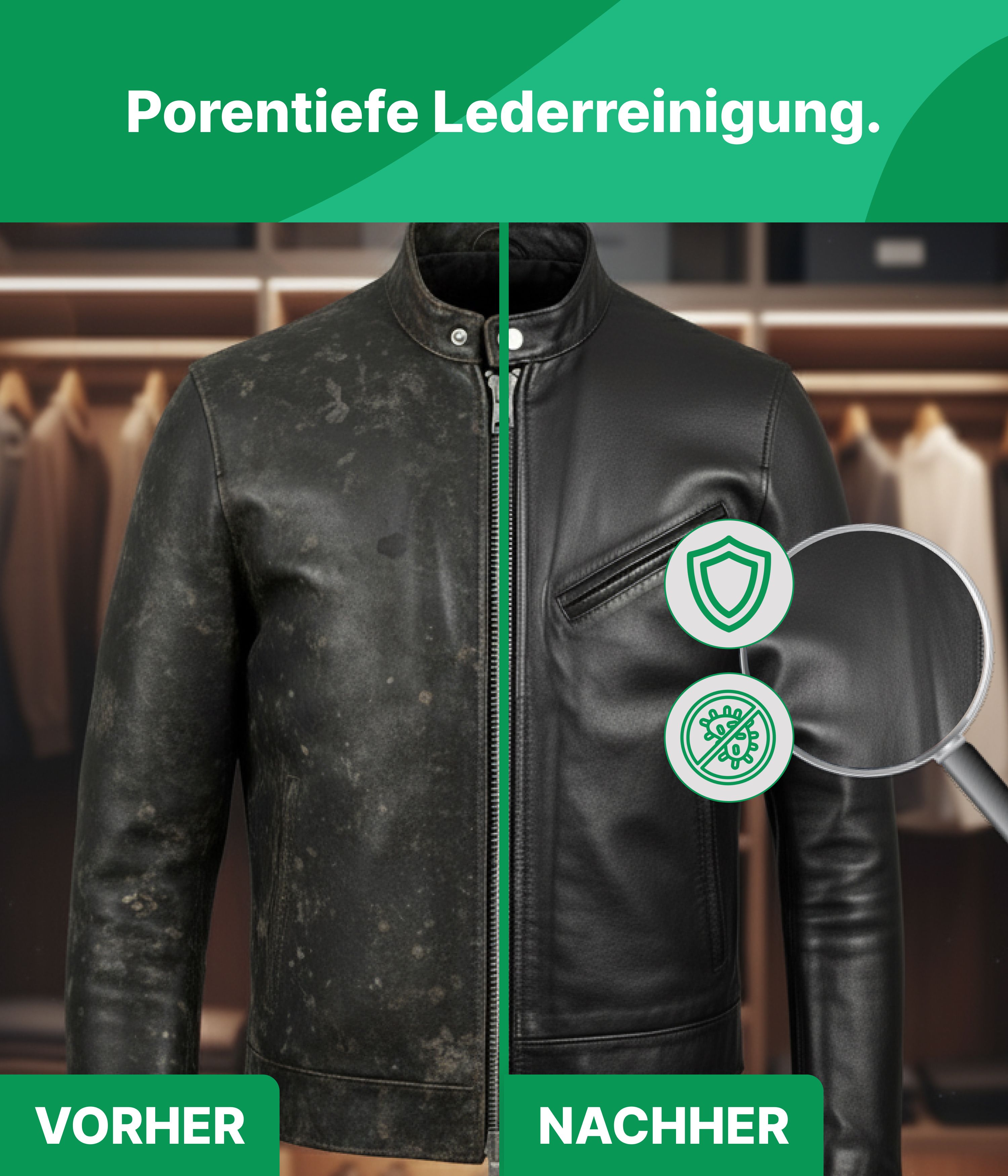Vorher-Nachher-Vergleich. Schwarze Lederjacke, gereinigt. Text: Porentiefe Lederreinigung. Schutzsymbole.