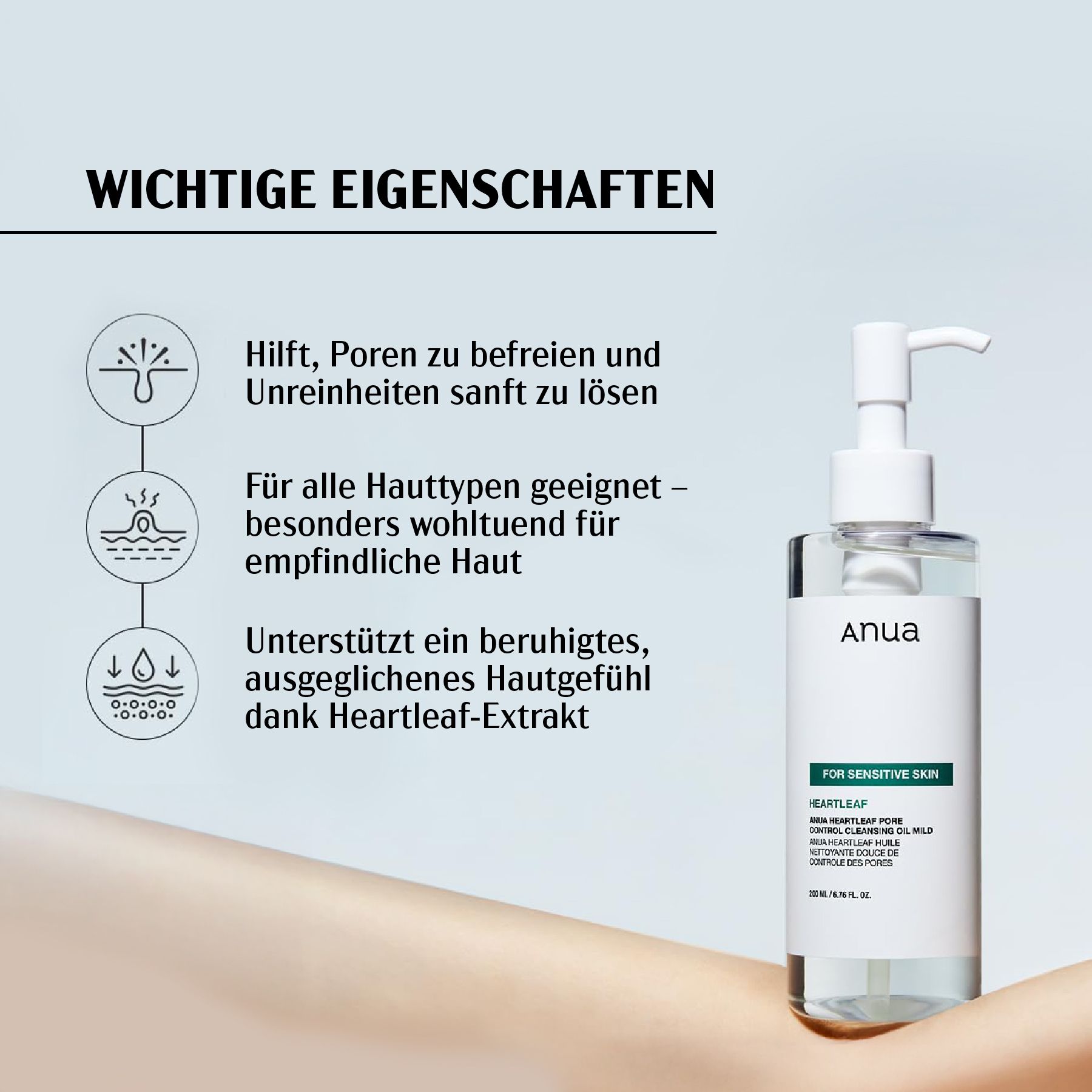 Arm mit Flasche. Flasche mit weißem Pumpkopf. Text: Anua. Text: FOR SENSITIVE SKIN. Produktinformationen. Hintergrund blau.