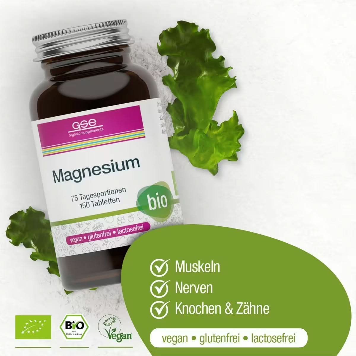 Braune Glasflasche mit "Magnesium"-Etikett. "gse organic supplements"-Logo. "bio"-Siegel. 150 Tabletten. Vegan, glutenfrei, laktosefrei.