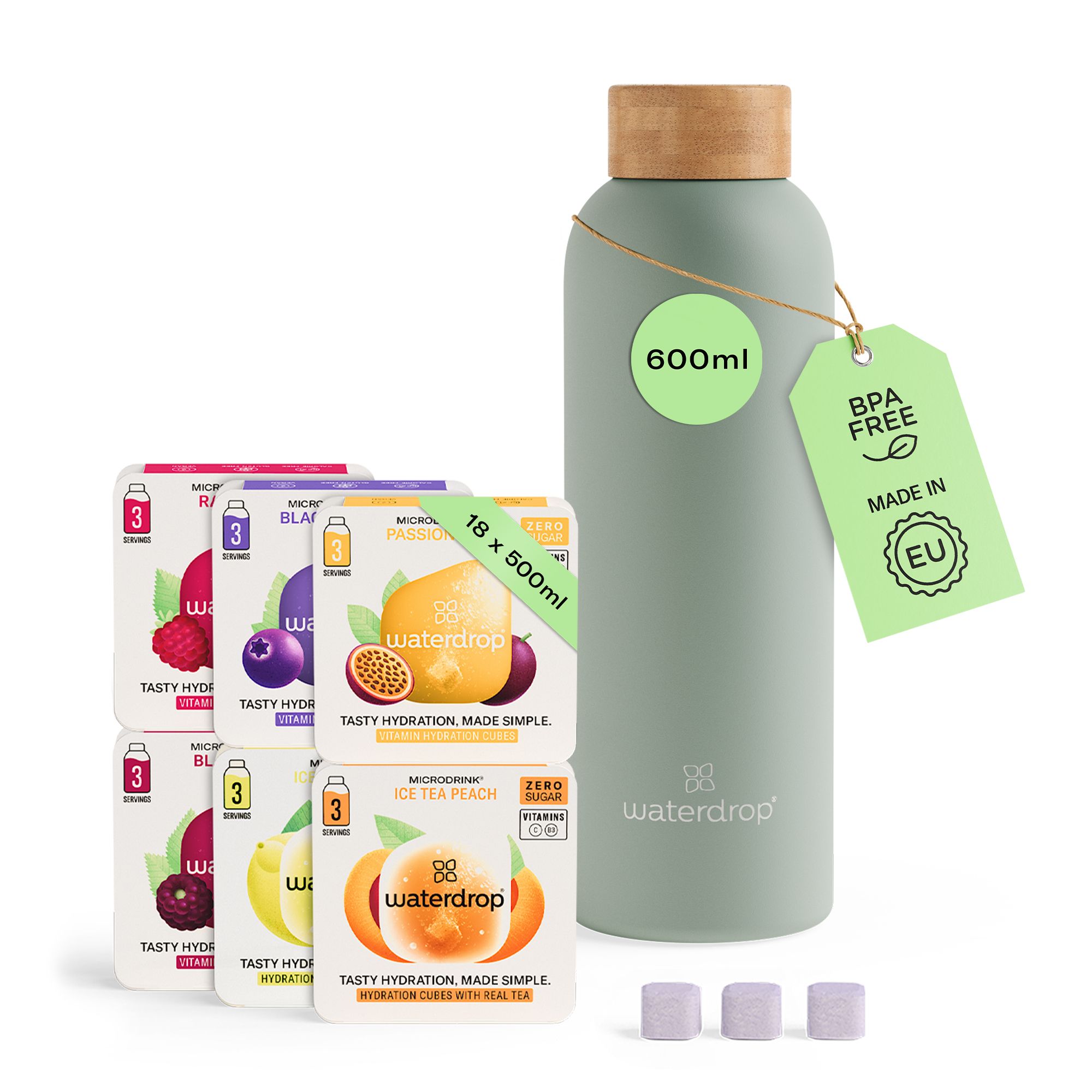 Wasserdrop Starterset: grüne Edelstahlflasche (600ml), Tabletten, 6x3 Würfel, 18x500ml Würfel. BPA-frei, Made in EU.
