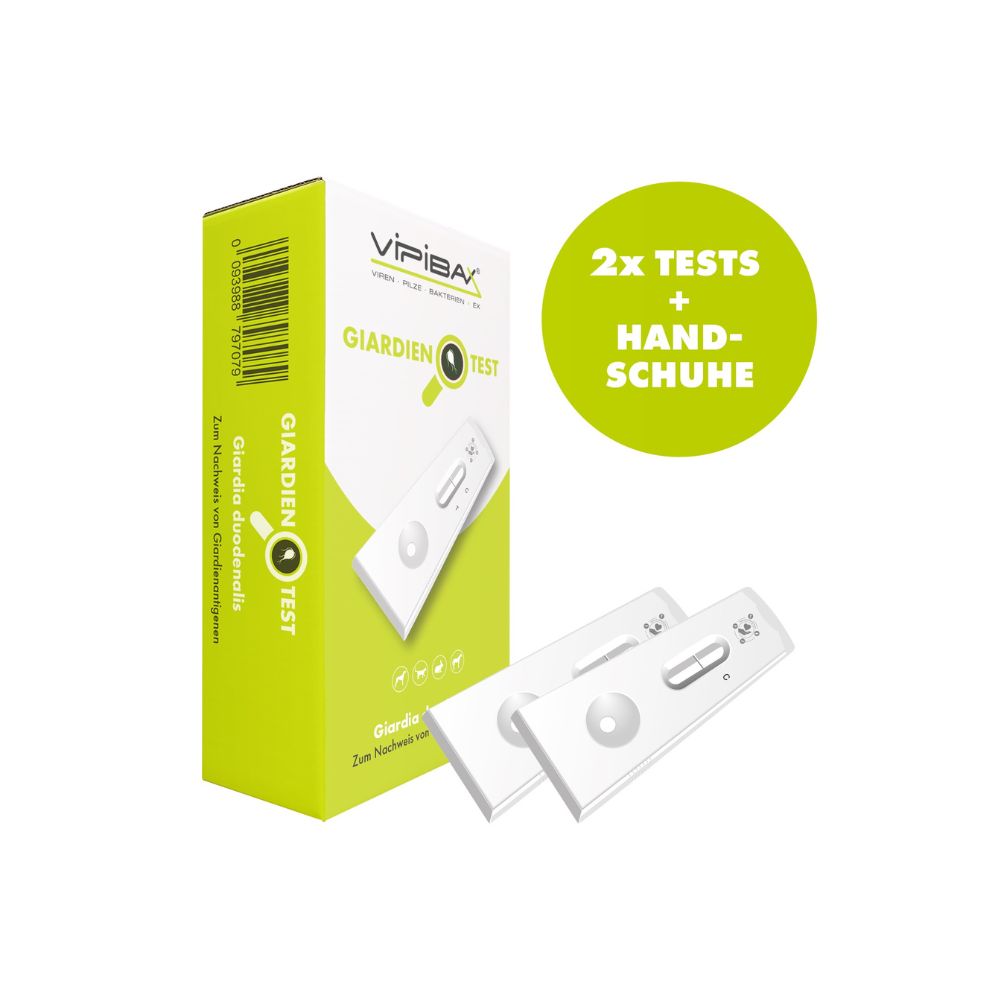 Verpackung mit ViPiBaX Giardien Schnelltest. Zwei Testkassetten und ein grüner Kreis mit Text: 2x TESTS + HANDSCHUHE.