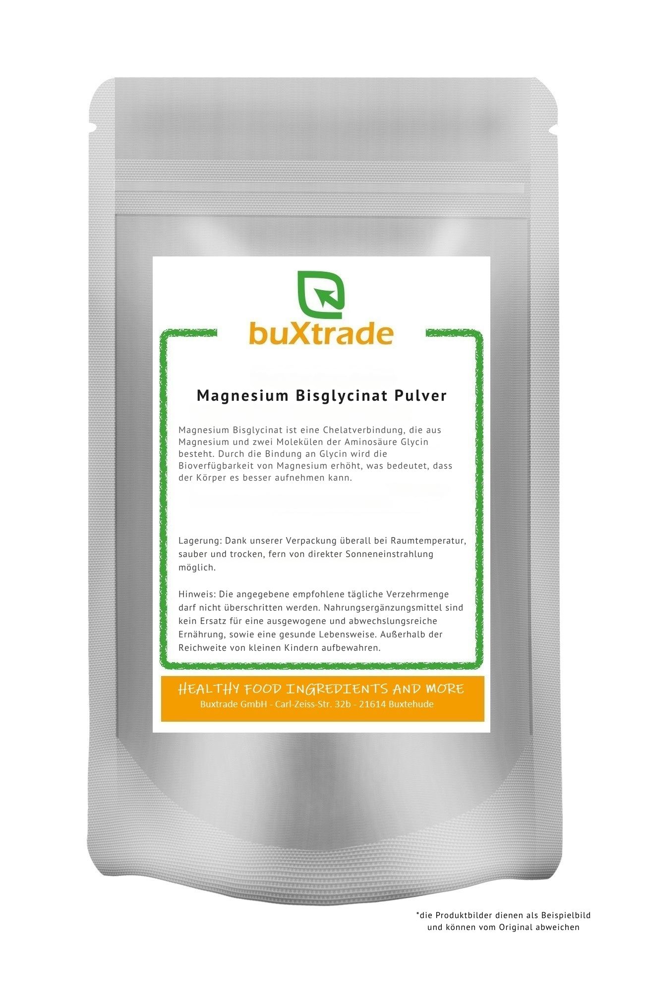 Beutel mit Produktetikett. Aufschrift: Magnesium Bisglycinat Pulver. Marke: buXtrade. Text in Grün und Orange. Enthält Produktinformationen.