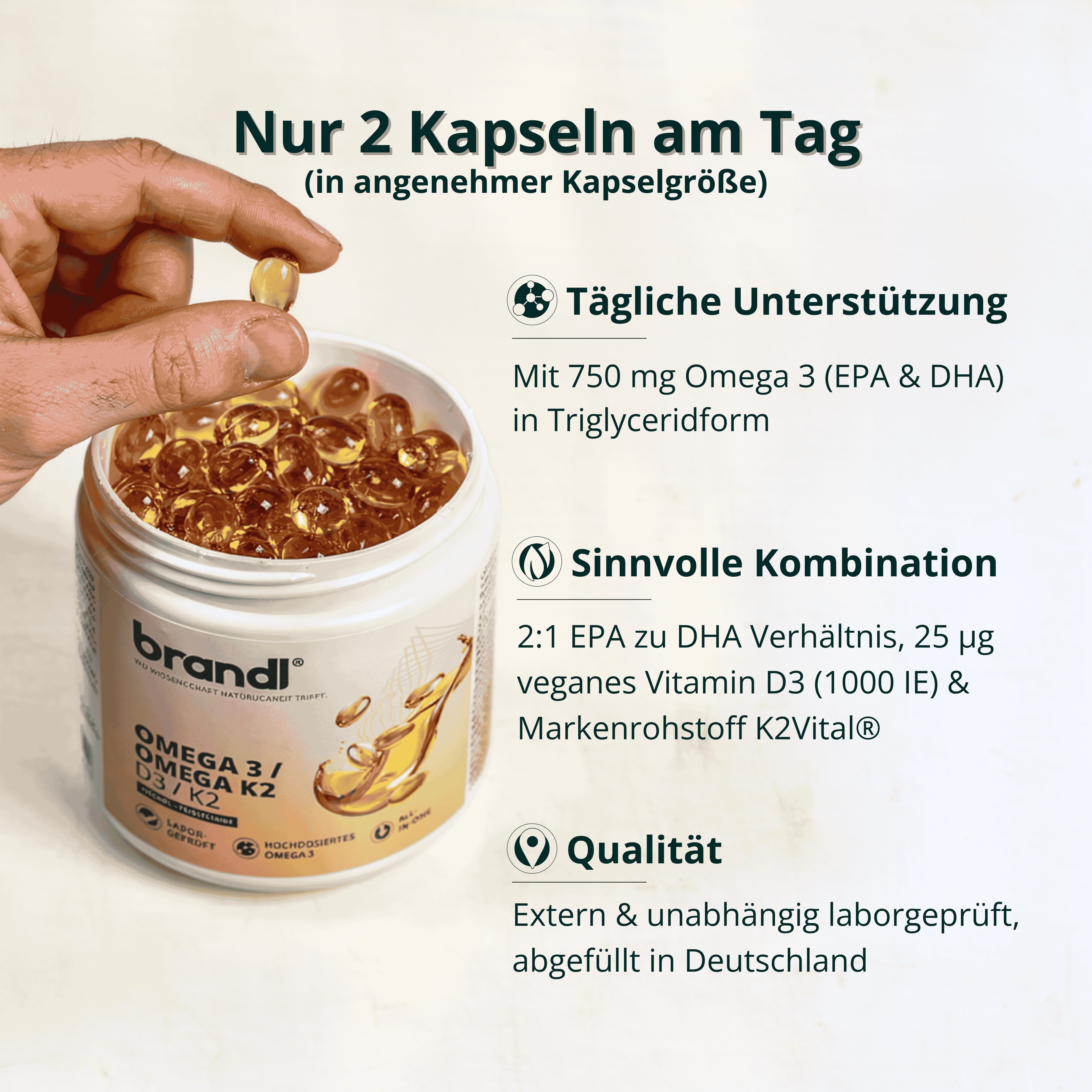 Hand hält Kapsel über Dose. Dose mit "brandl" und "OMEGA 3 / D3 / K2". Text: "Nur 2 Kapseln am Tag".