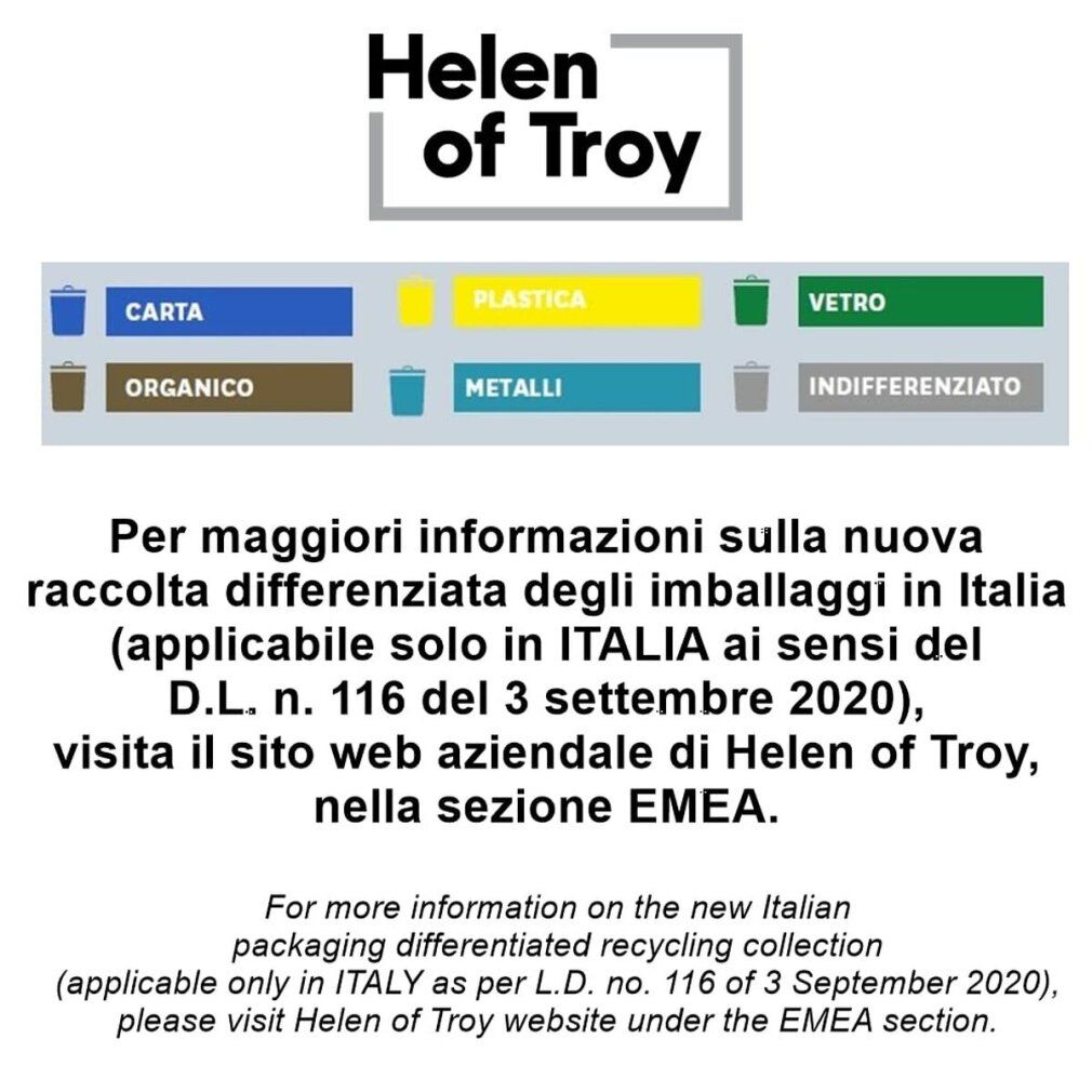 Informationen zur getrennten Sammlung von Verpackungen in Italien. Text in Italienisch und Englisch. Logos für verschiedene Abfallarten.