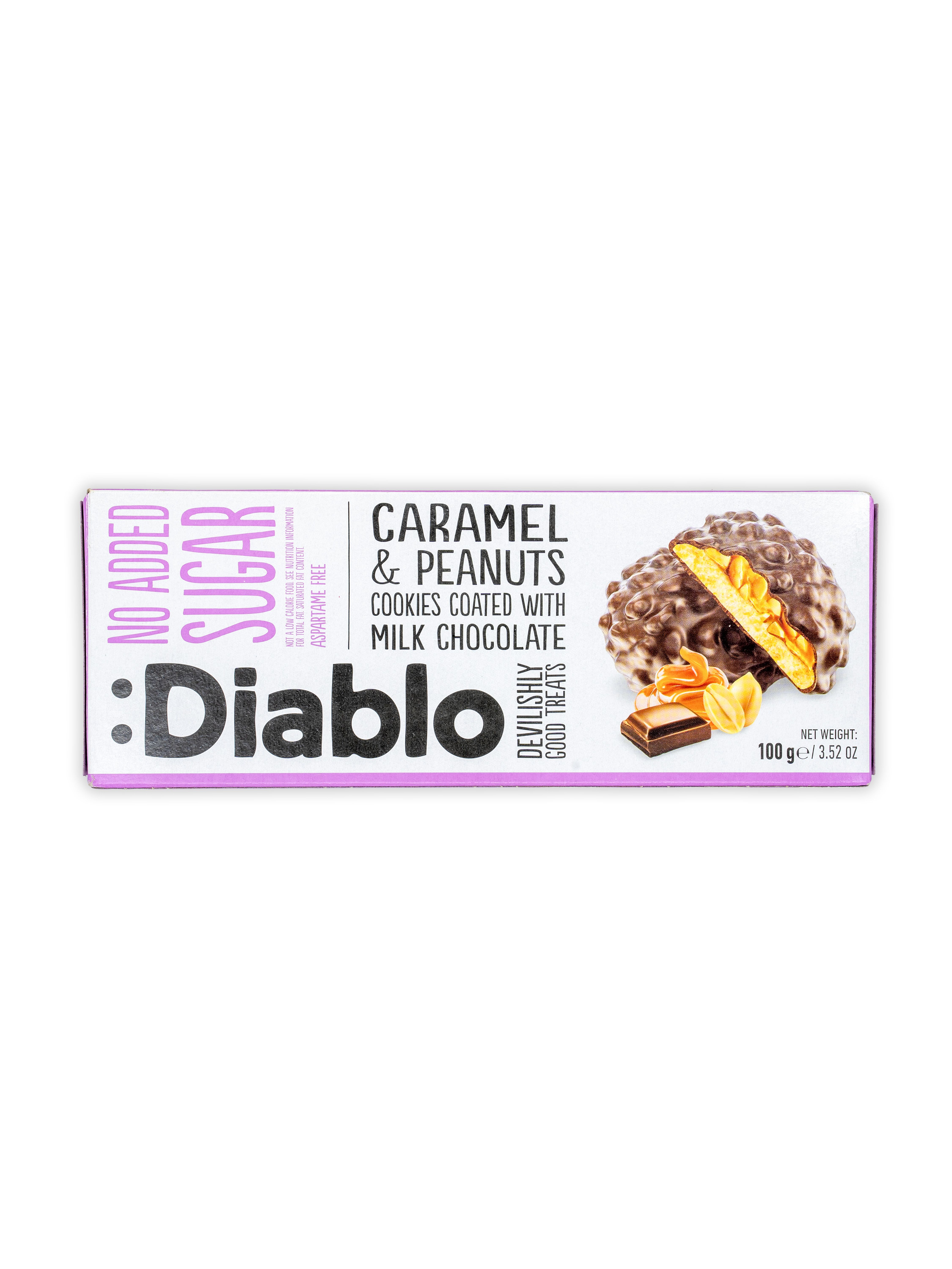 Verpackung mit Diablo-Keksen, Karamell & Erdnüssen, mit Milchschokolade überzogen. 100g Packung.