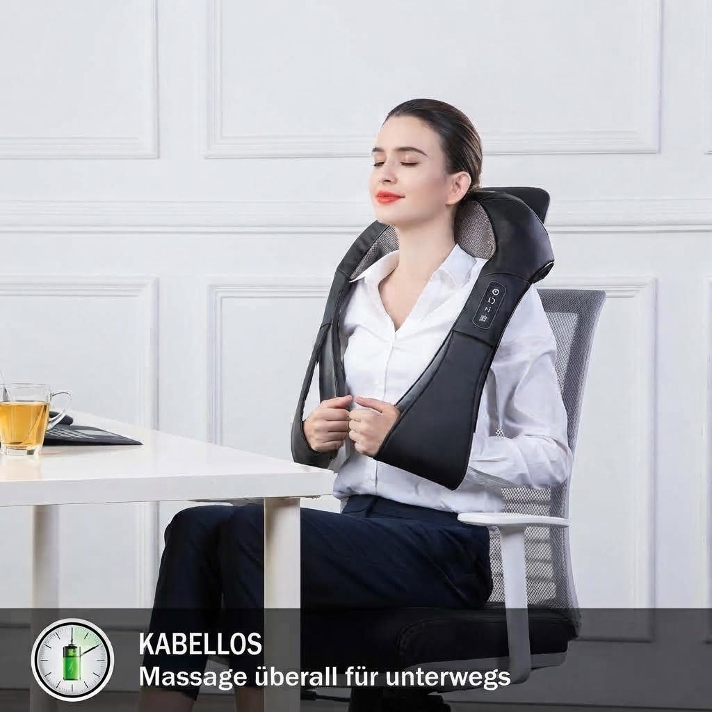 Frau im Büro mit Nackenmassagegerät, das kabellose Massage ermöglicht.